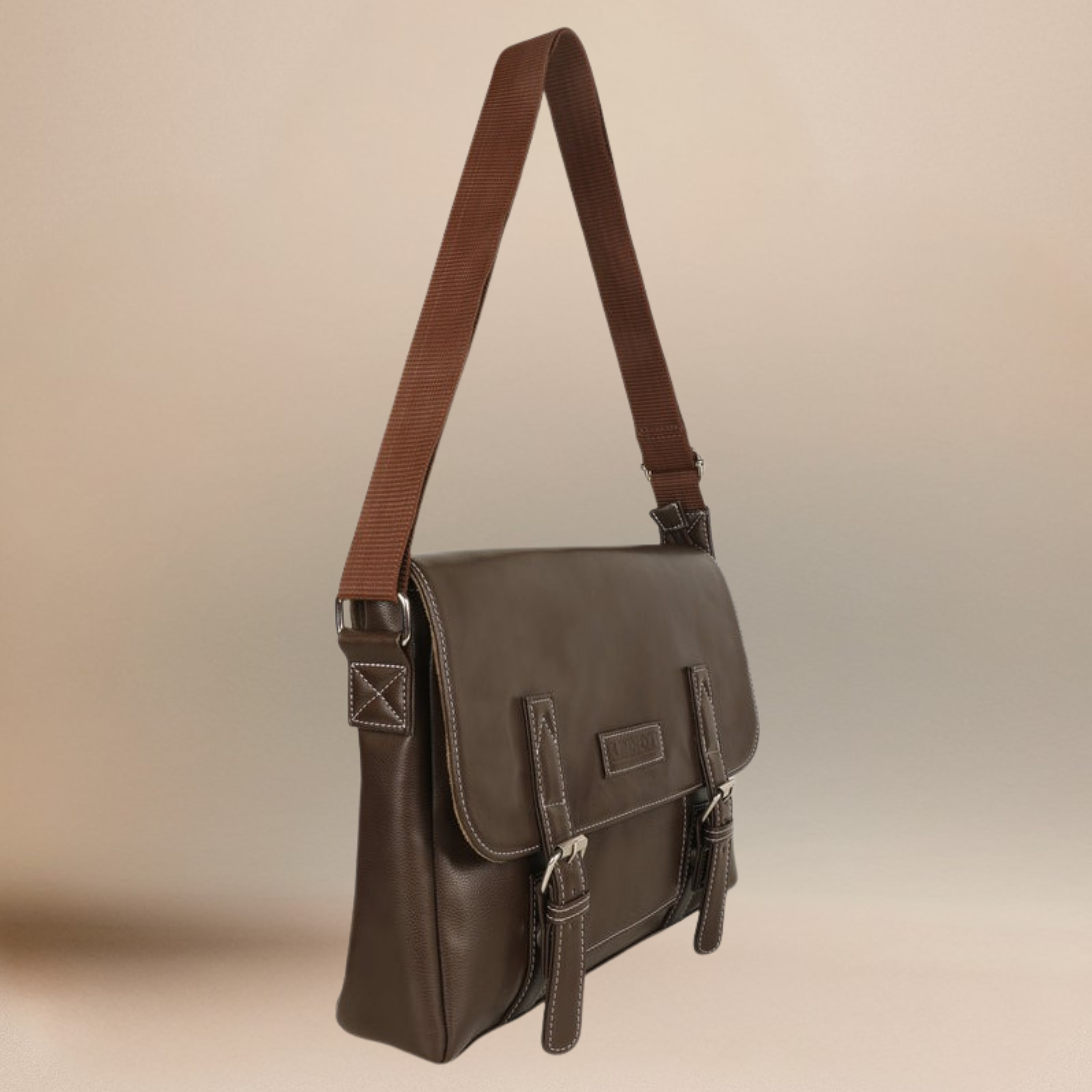 Brown Men's Vegan Leather Messenger Bag with Adjustable Shoulder Strap