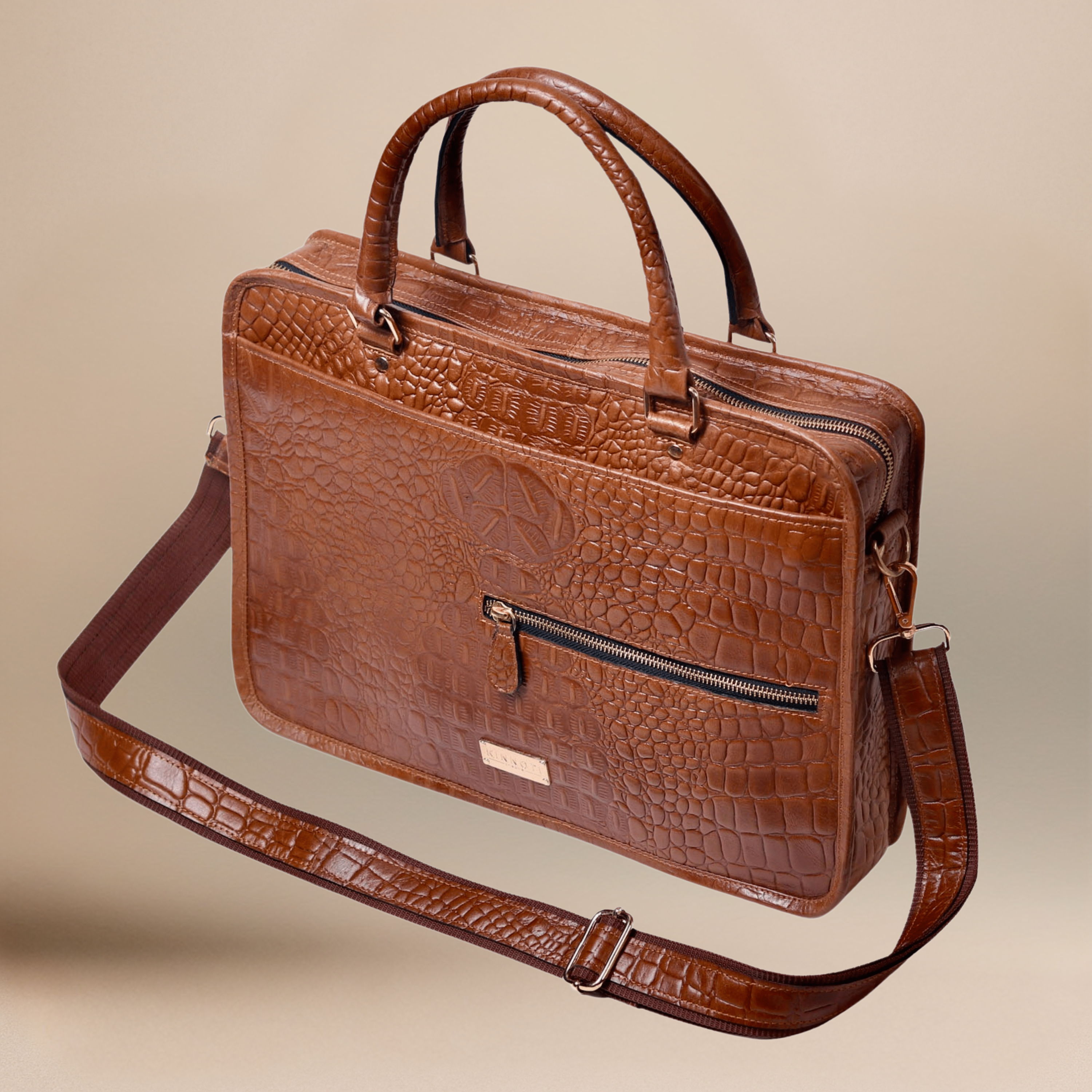 TAN CROCO LEATHER LAPTOP BAG