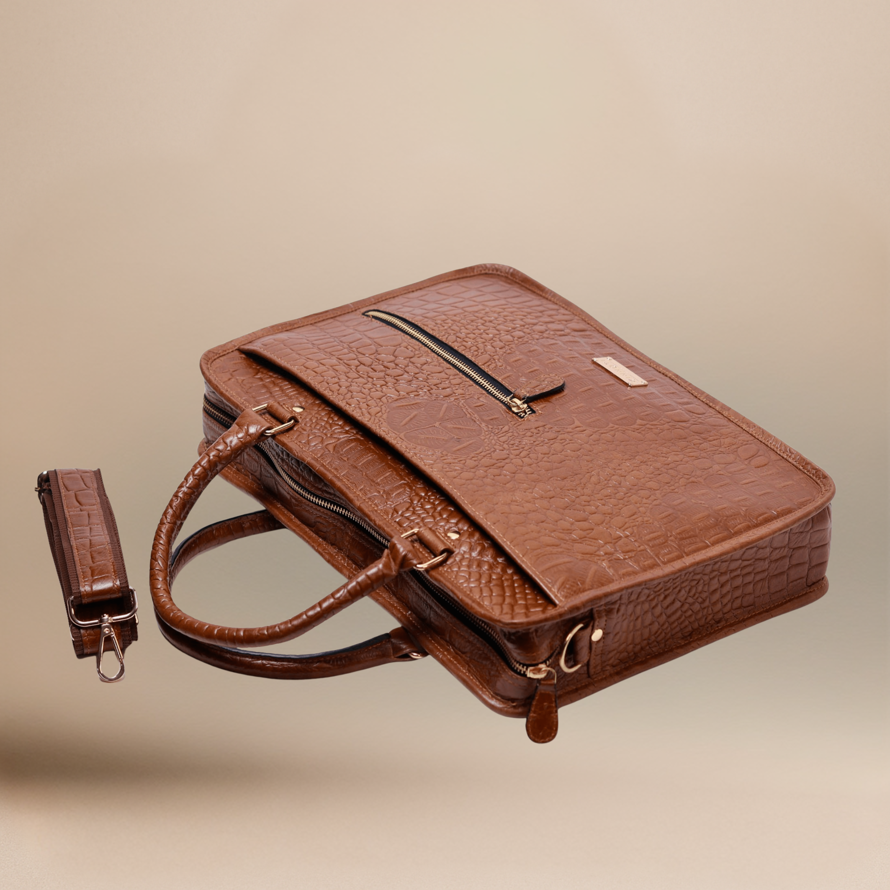 TAN CROCO LEATHER LAPTOP BAG
