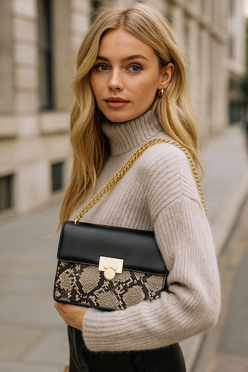 Vegan Leather Snake Flap Sling Bag For Women