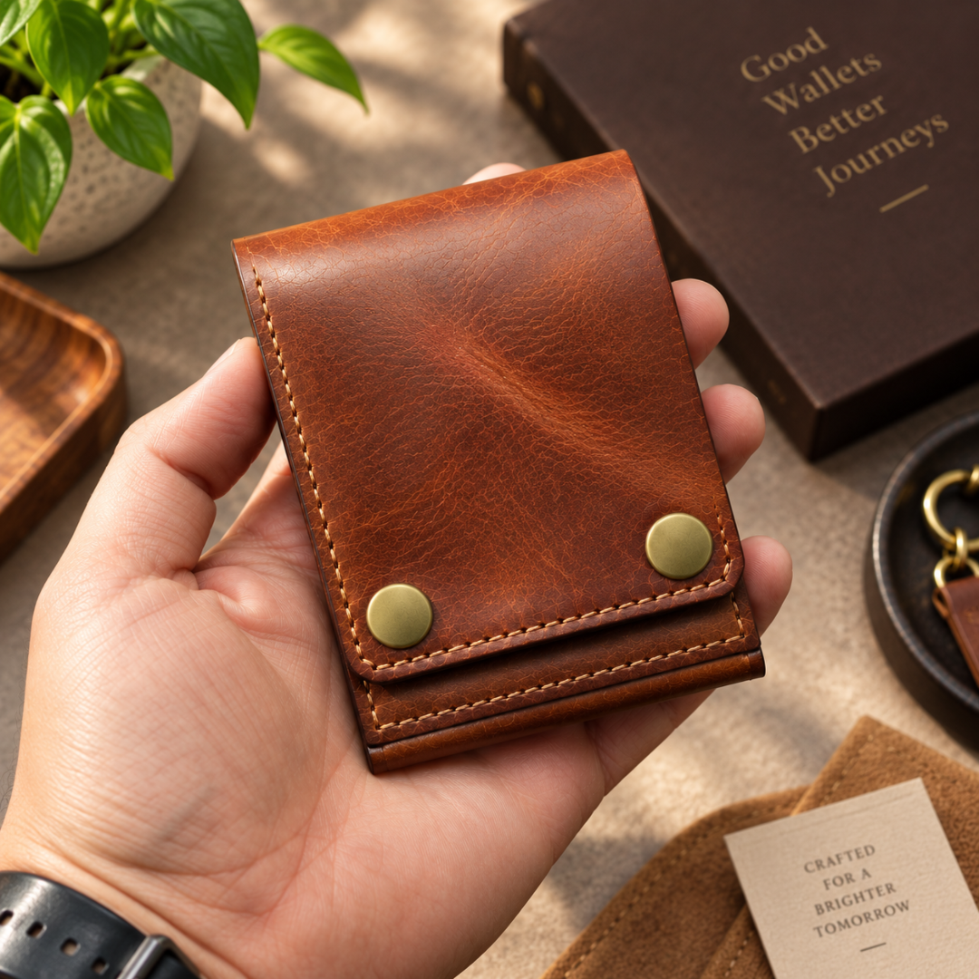 A hand holding a small brown leather wallet with brass snap buttons, surrounded by styled lifestyle props including a book, plant, and card.