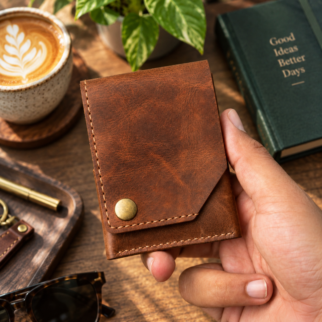 A hand holding a small brown leather card holder wallet with a brass snap button, set against a cozy wooden desk background with a coffee cup, book, and other lifestyle props.