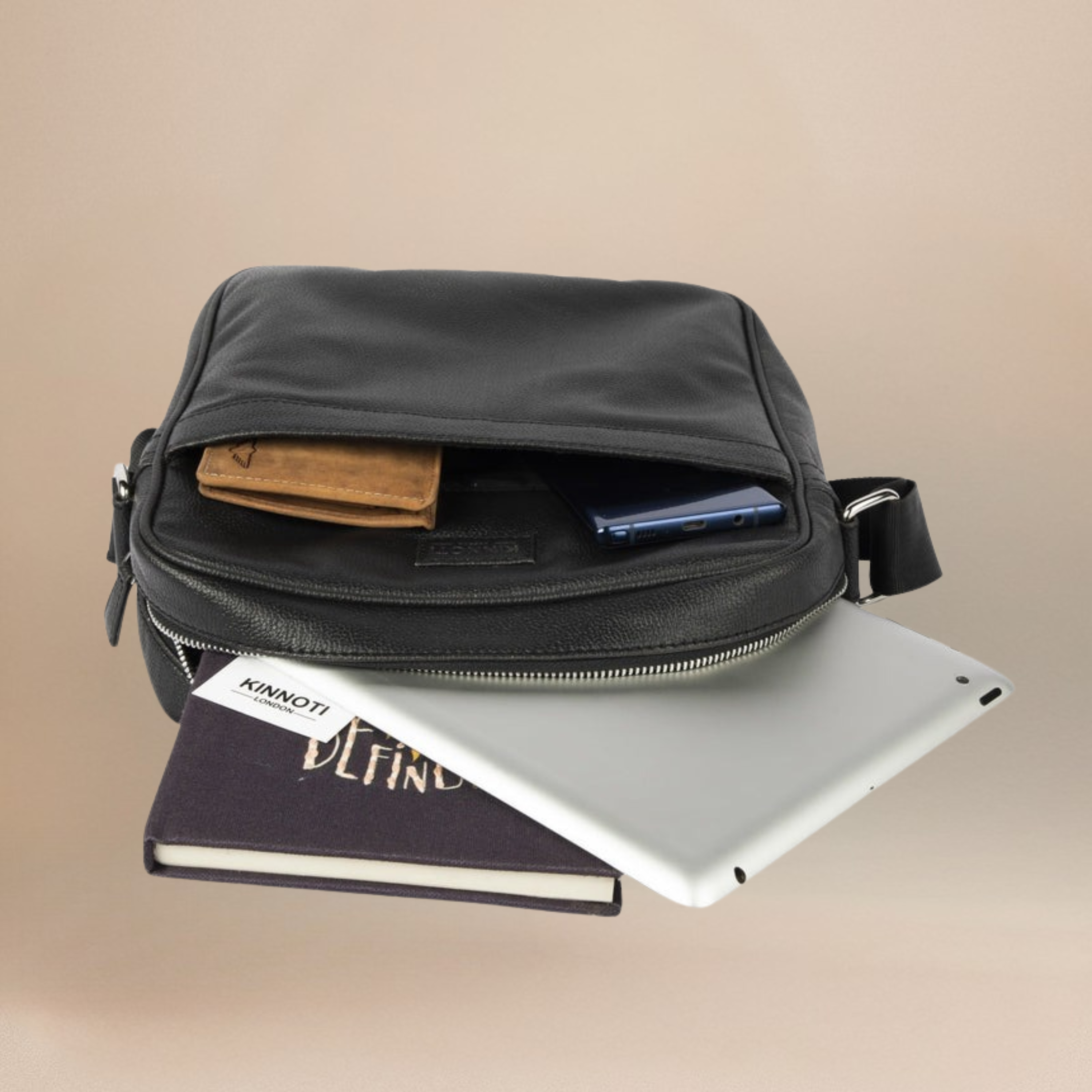 Black Vegan Leather Messenger Bag For Men With Adjustable Brass Chain & Shoulder Strap