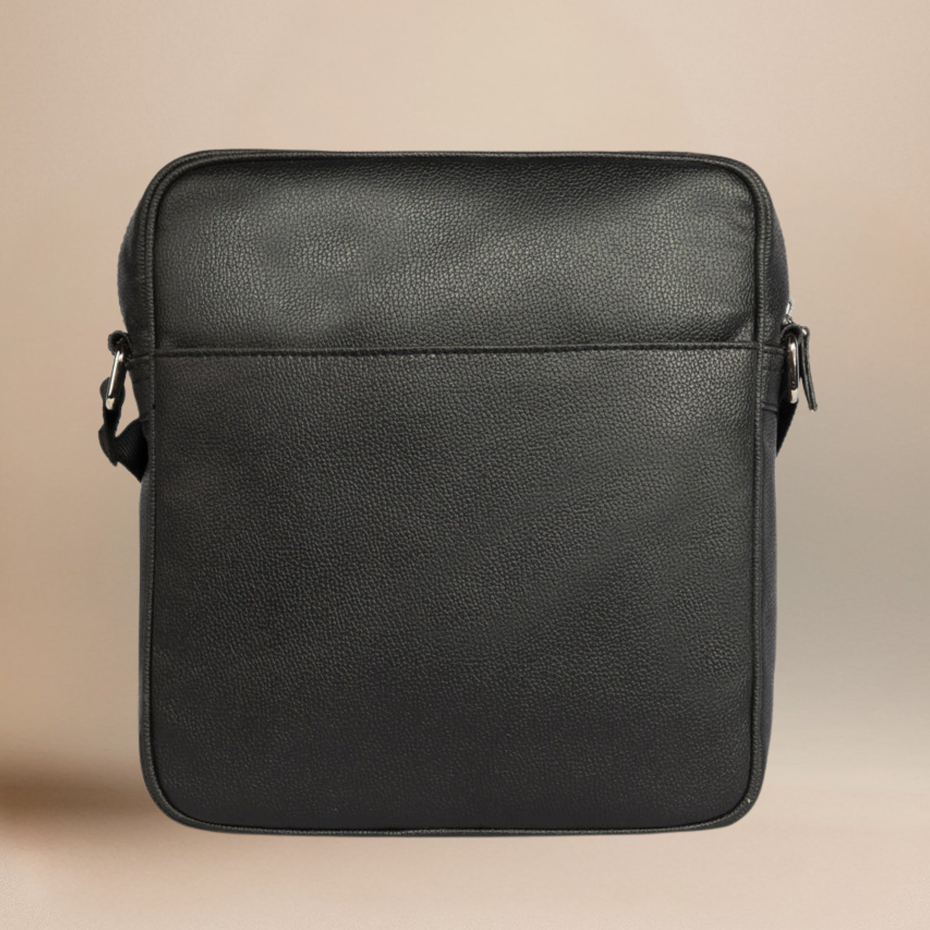 Black Vegan Leather Messenger Bag For Men With Adjustable Brass Chain & Shoulder Strap