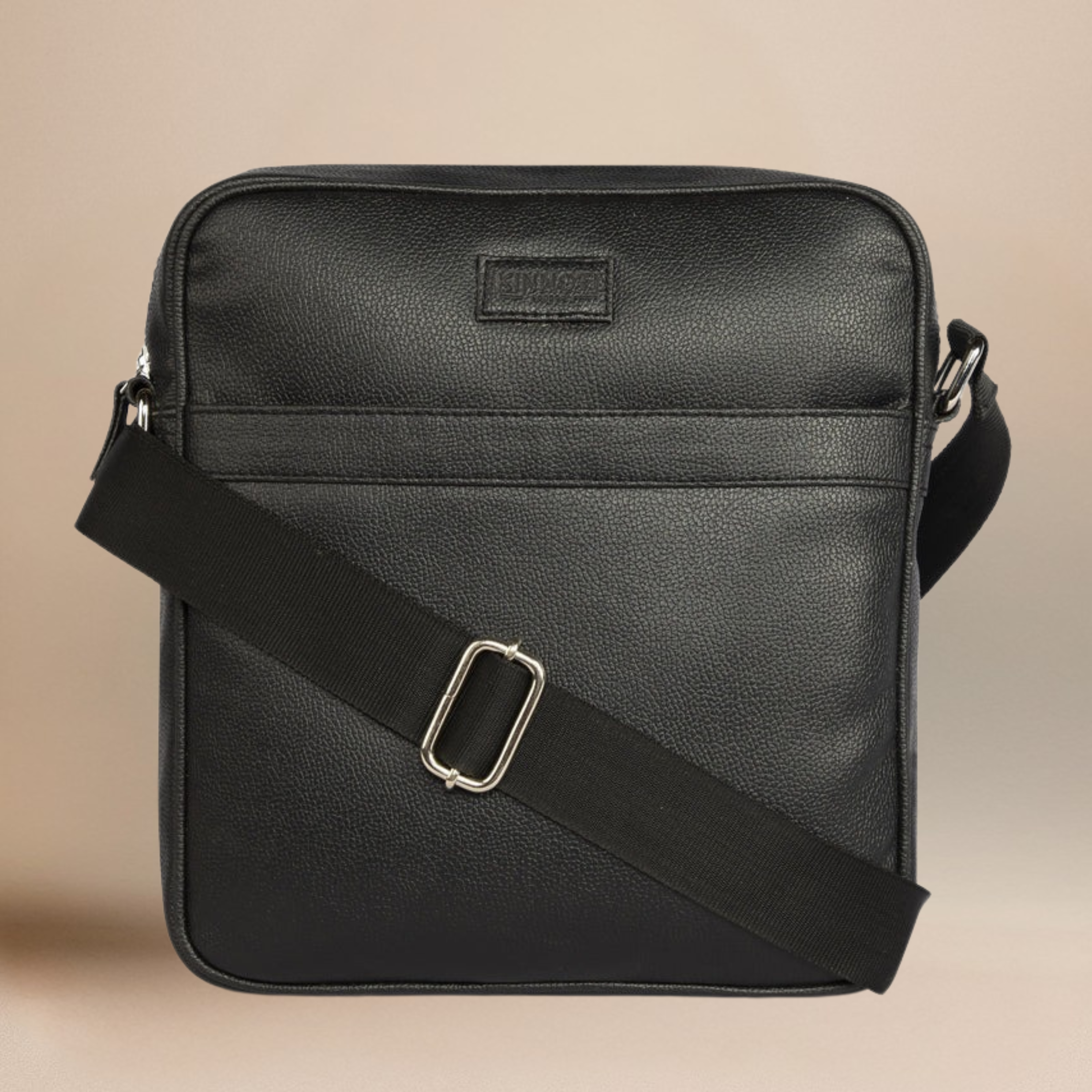 Black Vegan Leather Messenger Bag For Men With Adjustable Brass Chain & Shoulder Strap