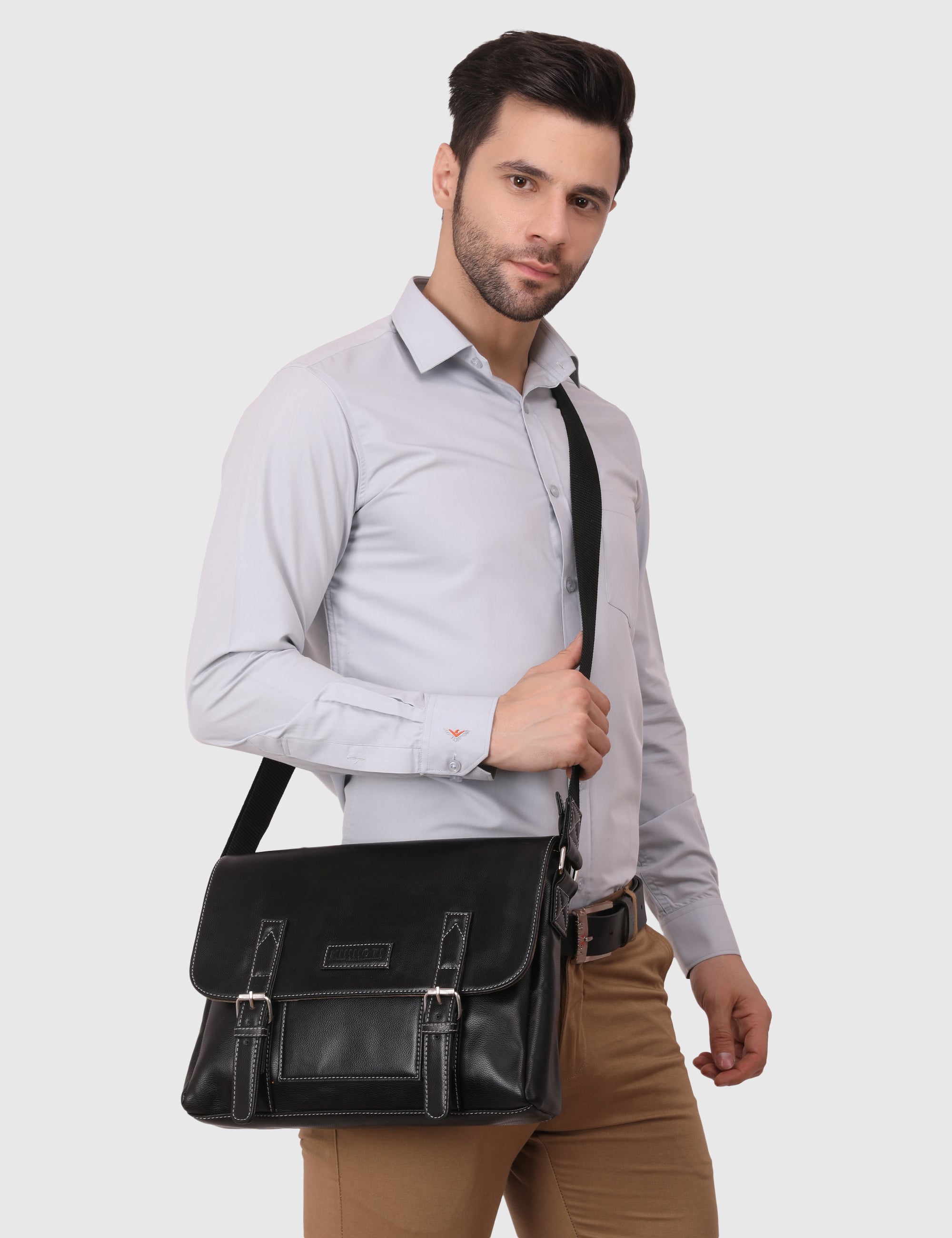 Black Men's Vegan Leather Messenger Bag with Adjustable Shoulder Strap