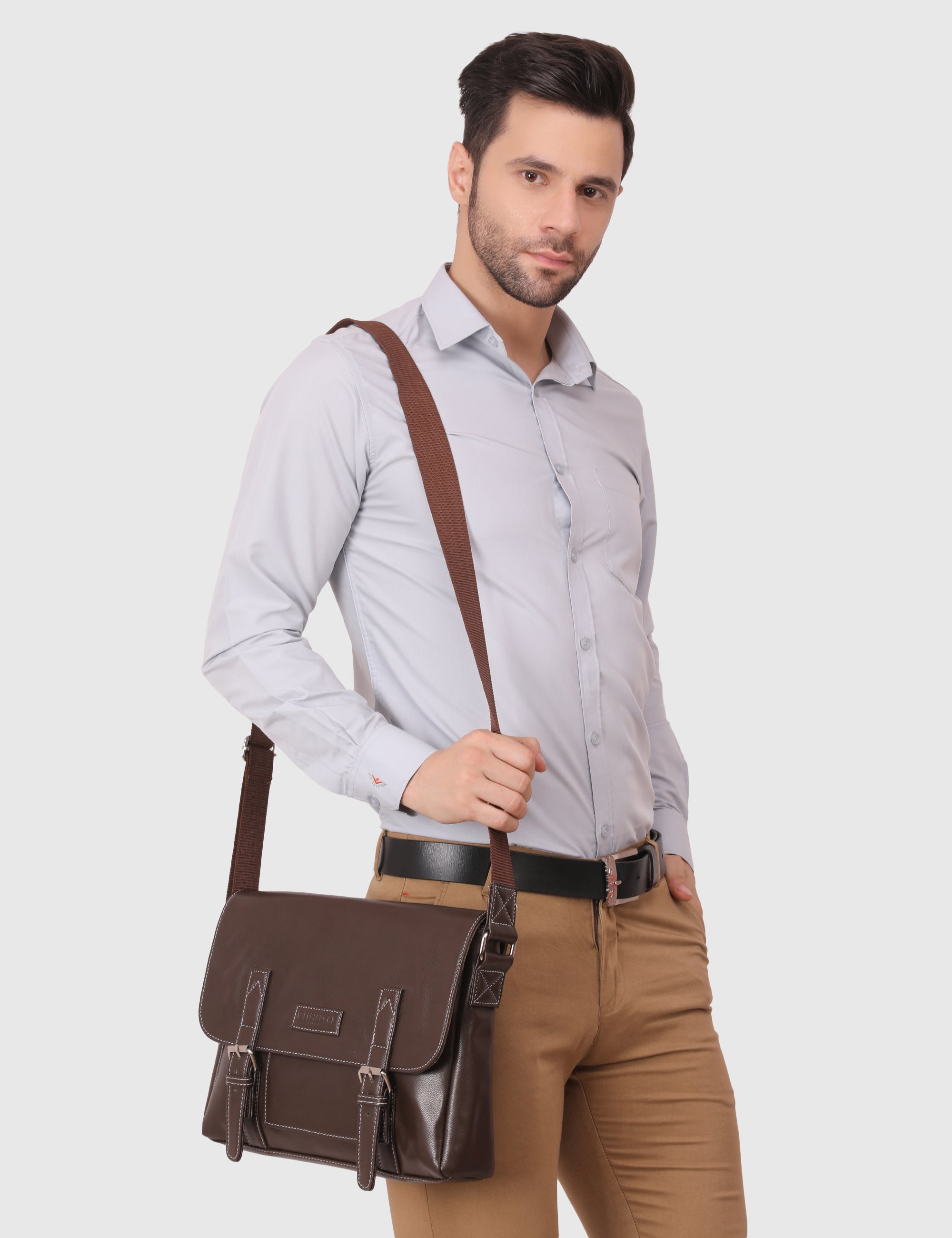 Brown Men's Vegan Leather Messenger Bag with Adjustable Shoulder Strap