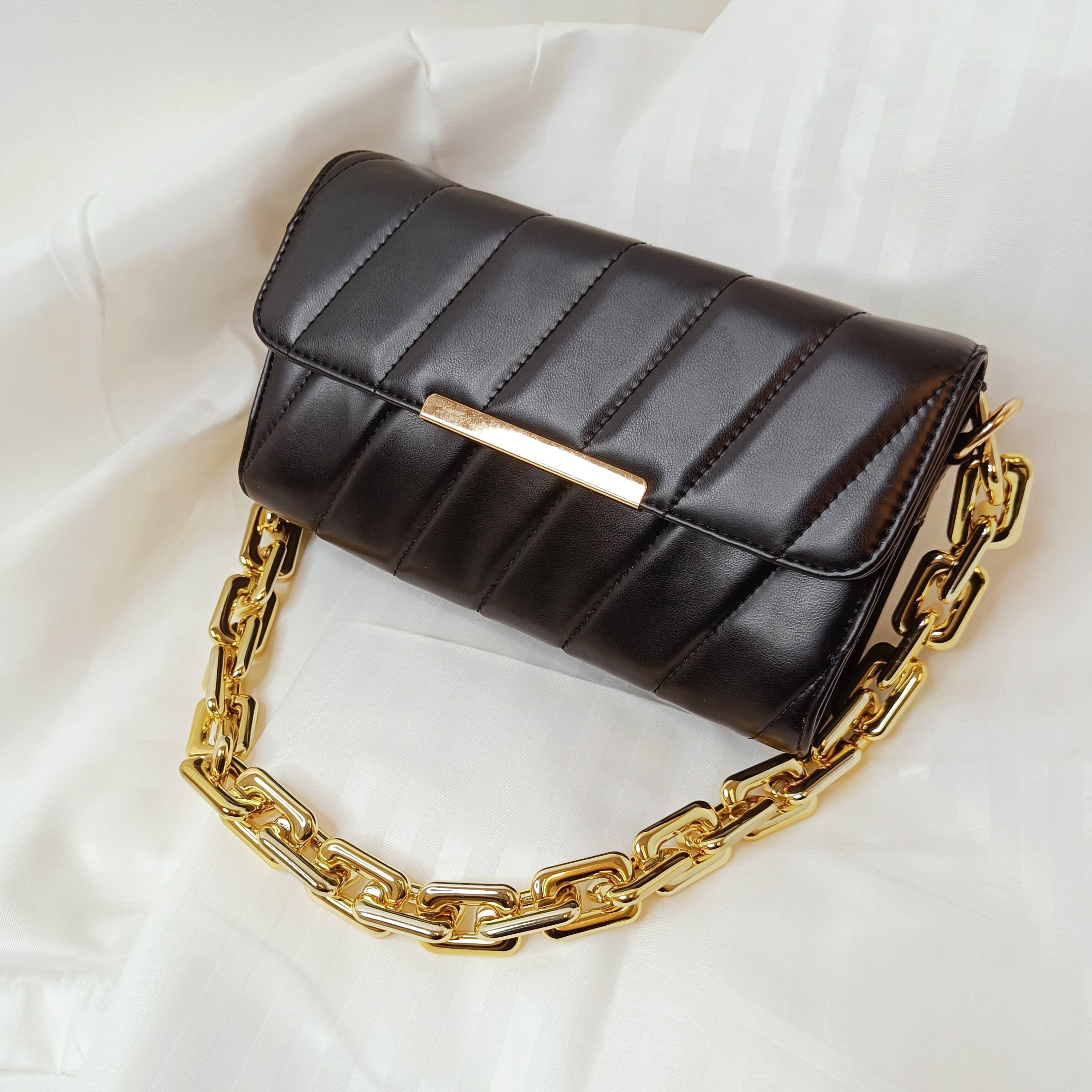 kinnoti Black Flap Gold Plated Shoulder Bag