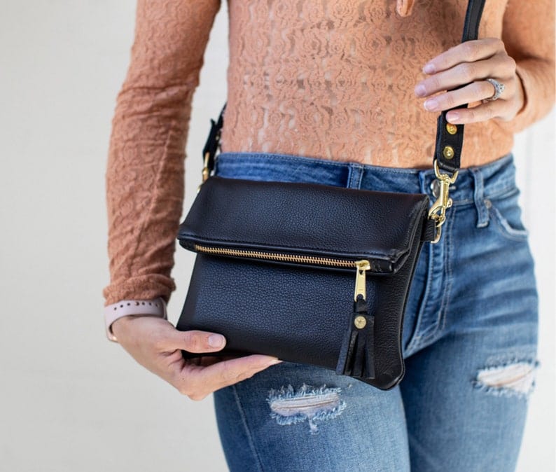 kinnoti BLACK Foldover Genuine Leather Crossbody Bag