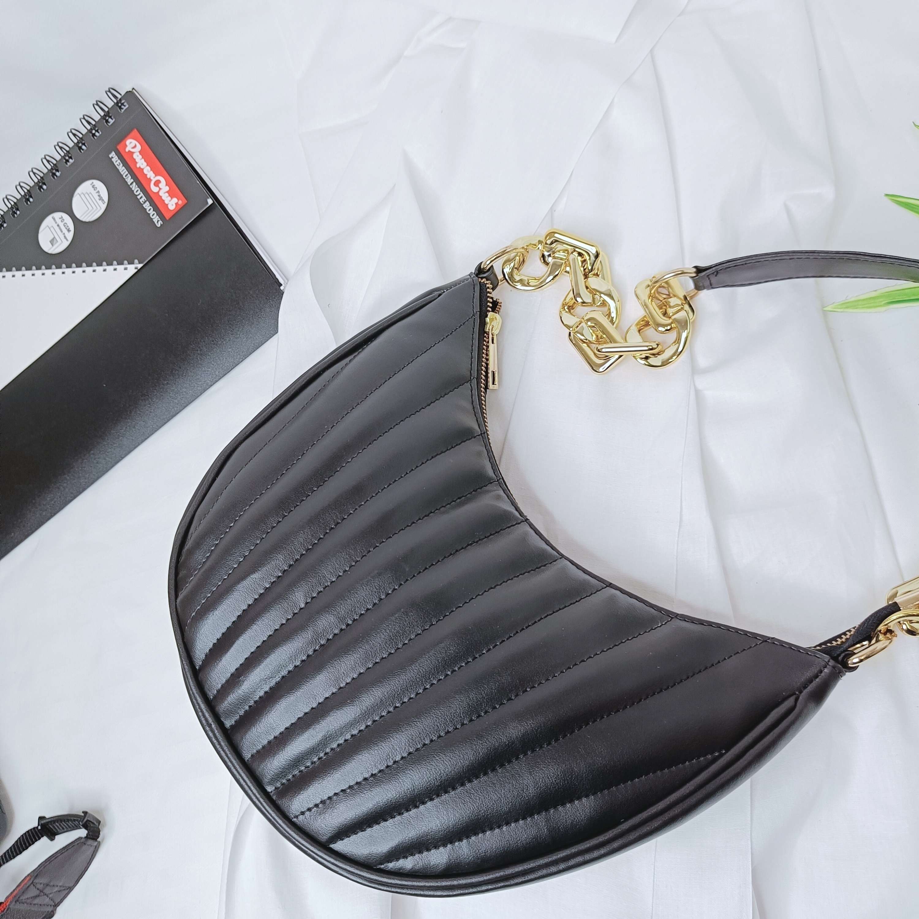 kinnoti Black Striped Embossed Shoulder Bag