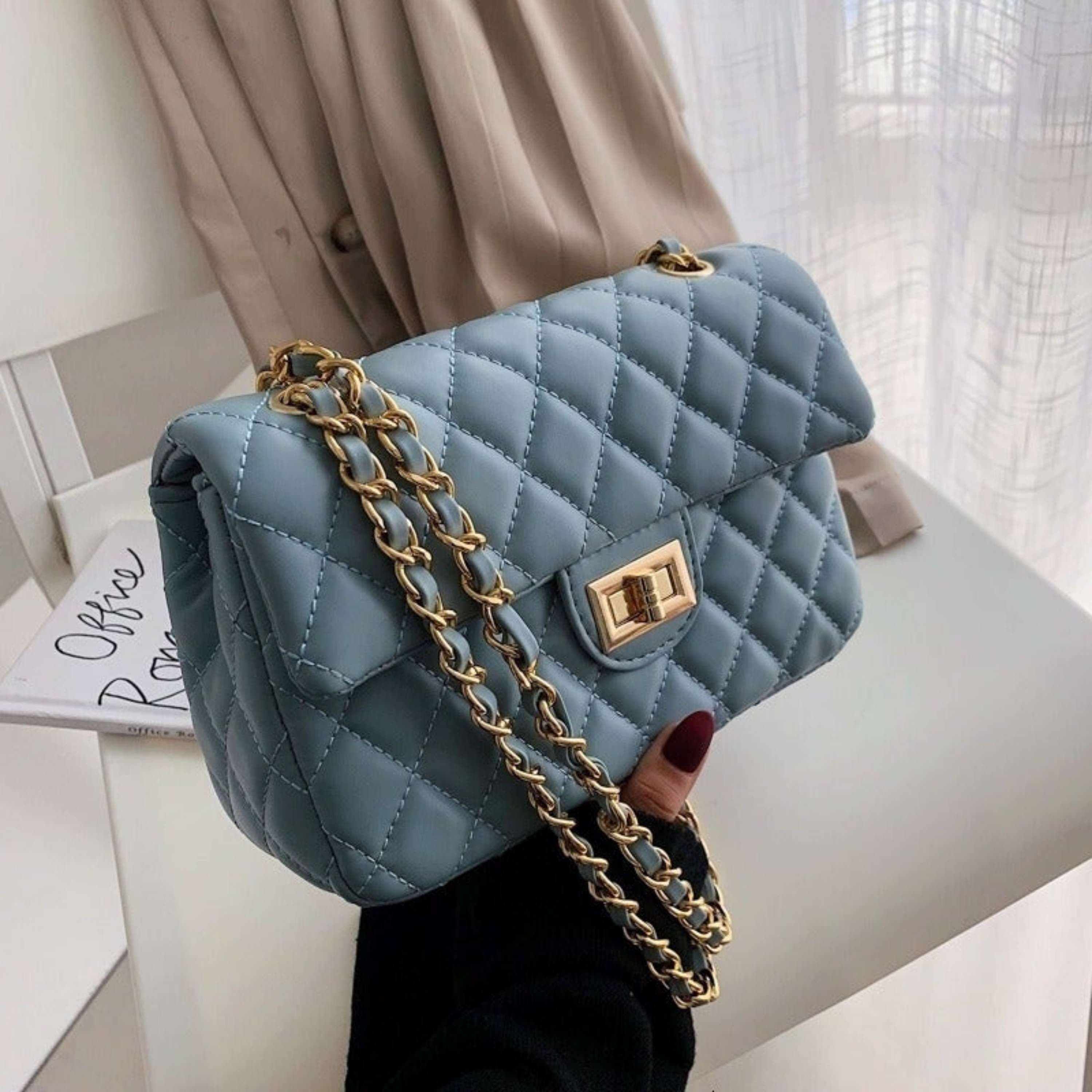 kinnoti Blue New Quilted Turn Lock Chain Sling Bag