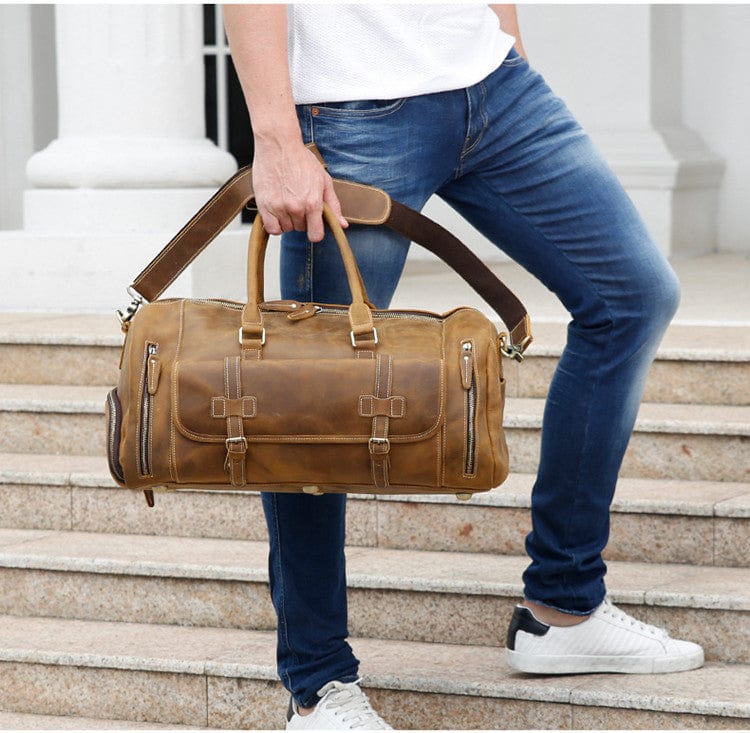 Kinnoti Large Genuine Tan Leather Travel Duffle Bag