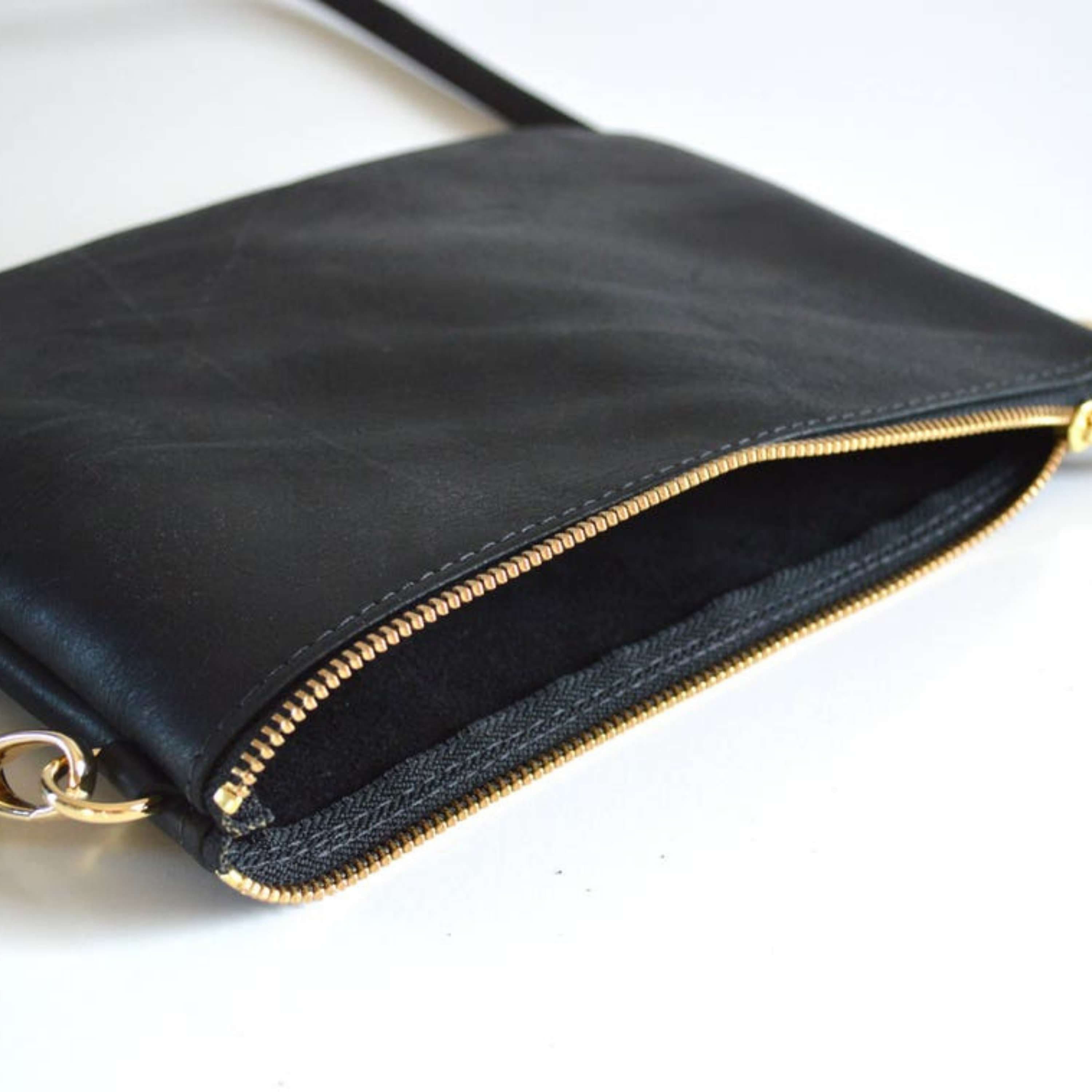 Kinnoti's Black Genuine Leather Sling Bag For Women With Adjustable Brass Chain & Shoulder Pad