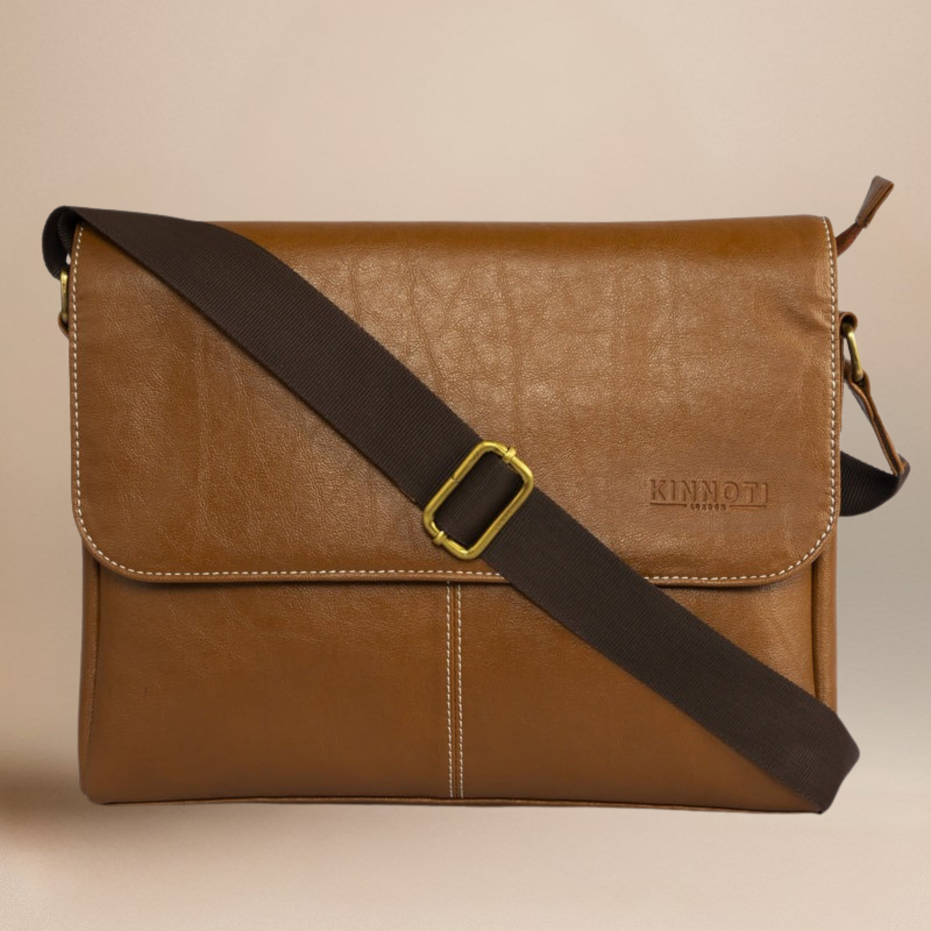 kinnoti Vegan Messenger Bag Brown Brown Men's Vegan Leather Slim Messenger Bag with Adjustable Shoulder Strap