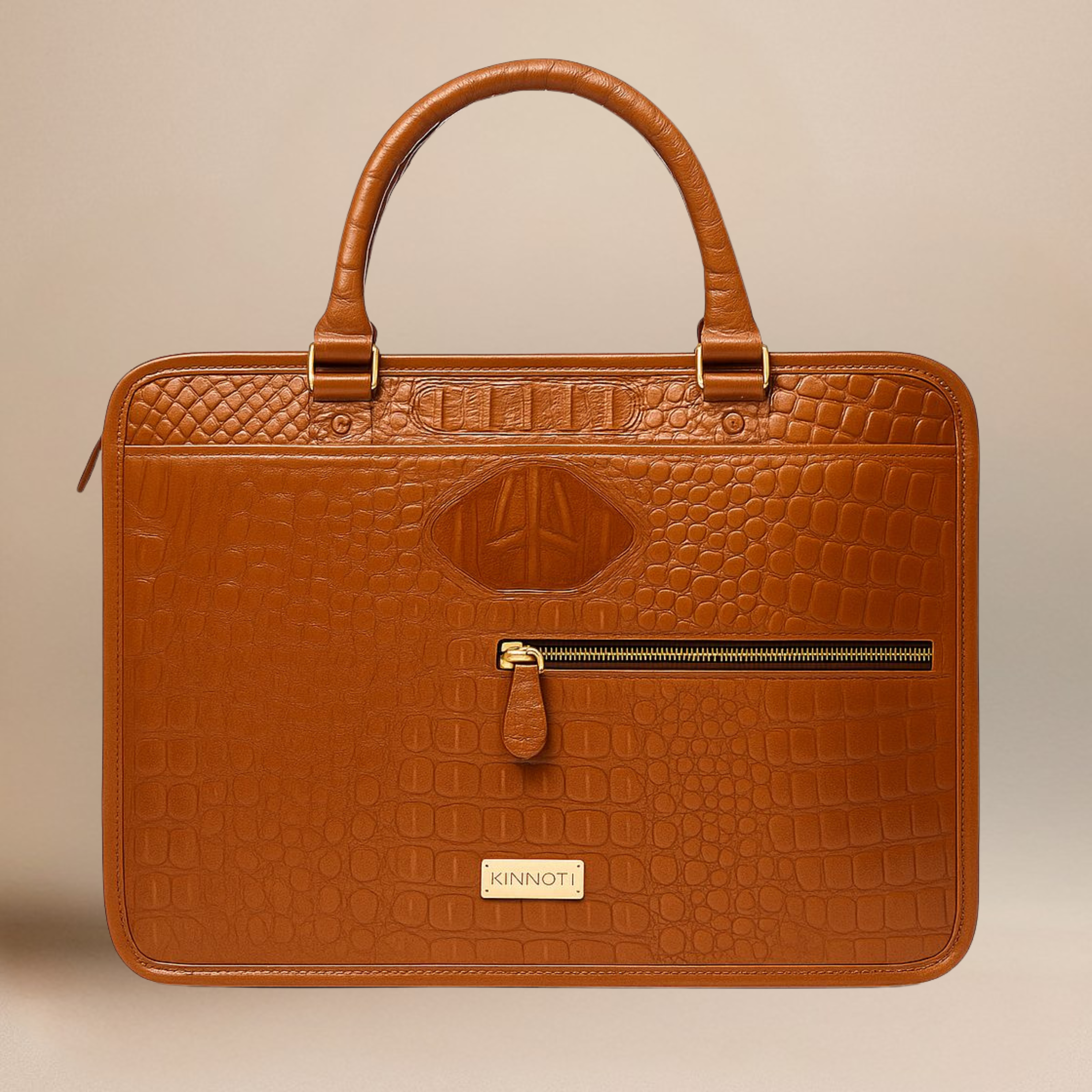 TAN CROCO LEATHER LAPTOP BAG