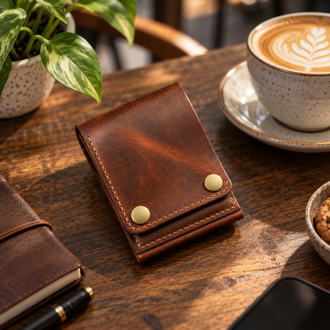 A brown leather bifold wallet with brass snap buttons, resting on a rustic wooden table next to a cup of latte, a notebook, and a plant.