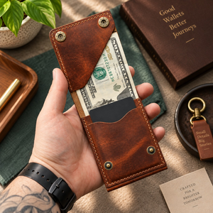 A hand holds a brown leather wallet with metal snap buttons and card slots, partially revealing a U.S.