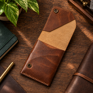 A brown leather card holder wallet with a tan suede-like center panel, styled on a dark wooden desk with a notebook, plant leaves, and a brass pen.