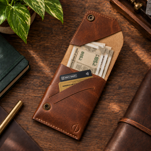A brown leather card holder wallet with a flap top, shown open on a wooden desk with cash, cards, and surrounding leather goods.