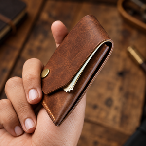 A hand holding a brown leather card holder wallet with a snap button closure, shown against a rustic wooden background.