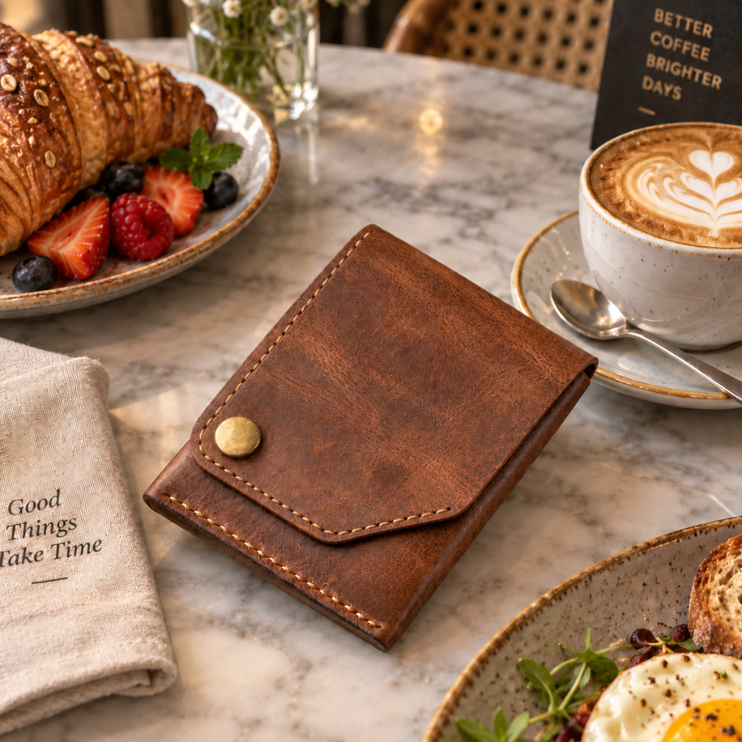 A brown leather bifold wallet with a gold snap button closure, styled on a marble table next to a cup of latte, a croissant, and breakfast items.