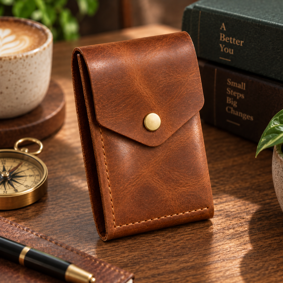 A brown leather card holder wallet with a flap and gold snap button, displayed on a wooden desk with a coffee cup, compass, pen, and books in the background.