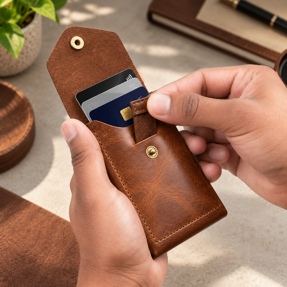 A close-up of a person holding an open brown leather card holder wallet with gold-tone snap buttons, showing card slots containing credit cards. The background is a softly blurred desk setting with a plant, notebook, and pen.