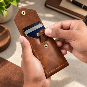A close-up of a person holding an open brown leather card holder wallet with gold-tone snap buttons, showing card slots containing credit cards. The background is a softly blurred desk setting with a plant, notebook, and pen.