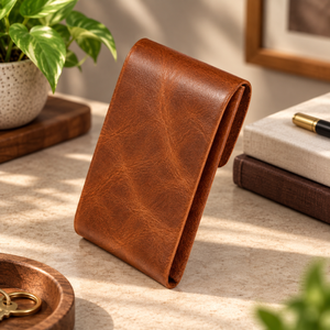 A brown leather wallet standing upright on a tabletop in a styled indoor setting with books, a plant, and natural sunlight.