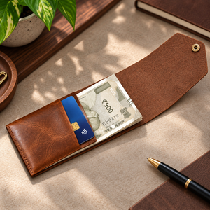 A brown leather card holder wallet shown open on a beige desk surface, with a banknote and blue credit card inserted. A black pen, notebook, and potted plant are visible around it, creating a styled workspace scene.