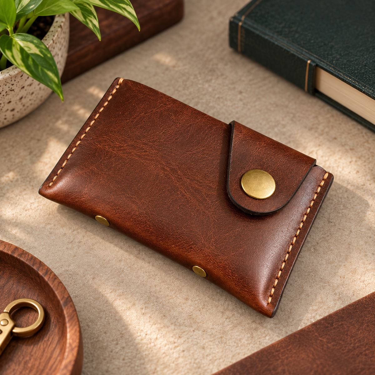 A brown leather card holder wallet with a snap-button closure, styled on a textured beige surface with a book, plant, and wooden tray nearby.
