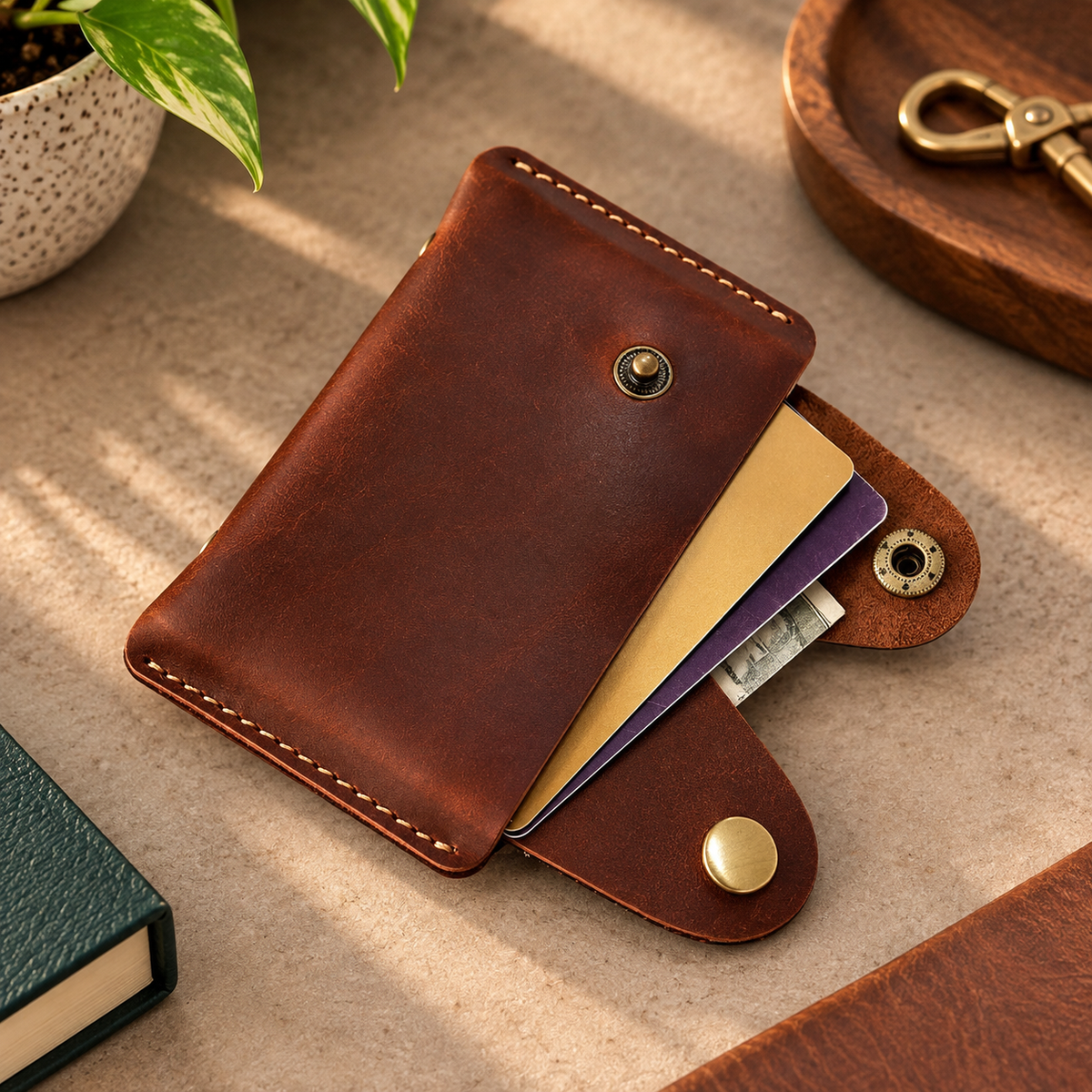 A brown leather card holder wallet with snap buttons, shown open with cards partially inserted on a beige tabletop. A plant pot, wooden tray, and books are visible around it as styled props.
