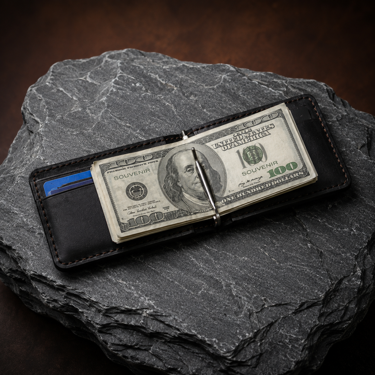 A black leather money clip wallet holding a $100 bill, resting on a dark gray stone against a dark brown background.