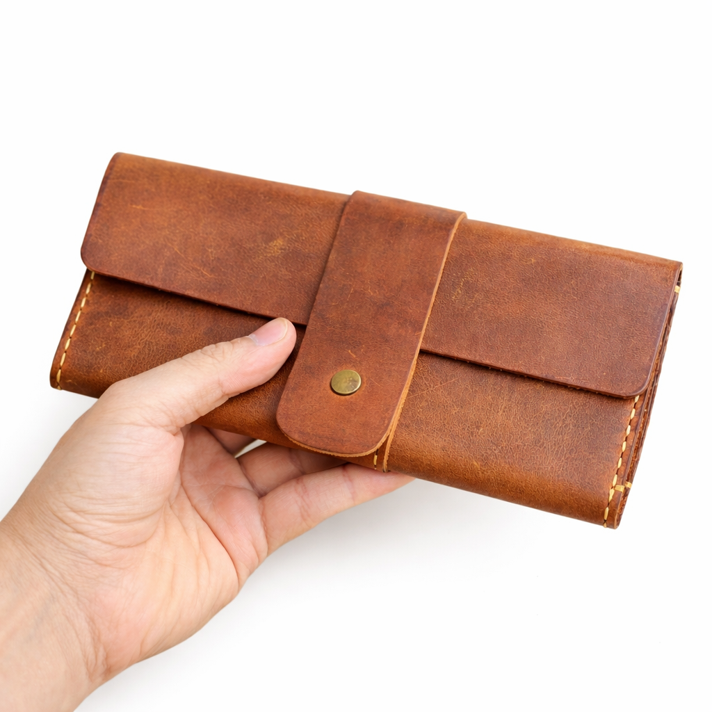 Brown leather wallet held by a hand on a white background