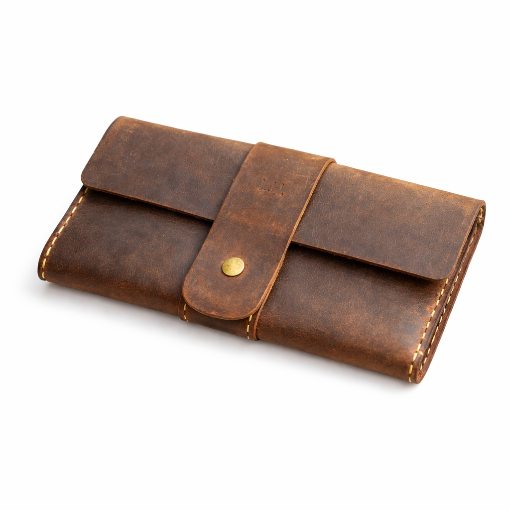 Brown leather wallet with a strap on a white background