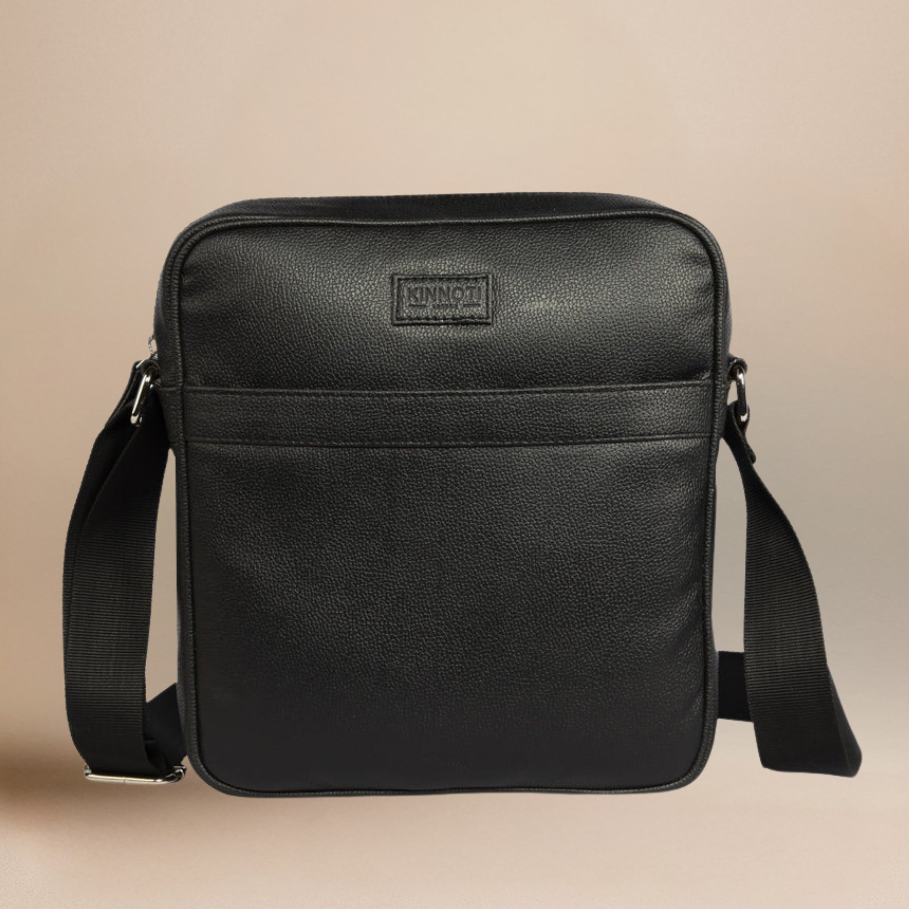 Black Vegan Leather Messenger Bag For Men With Adjustable Brass Chain & Shoulder Strap