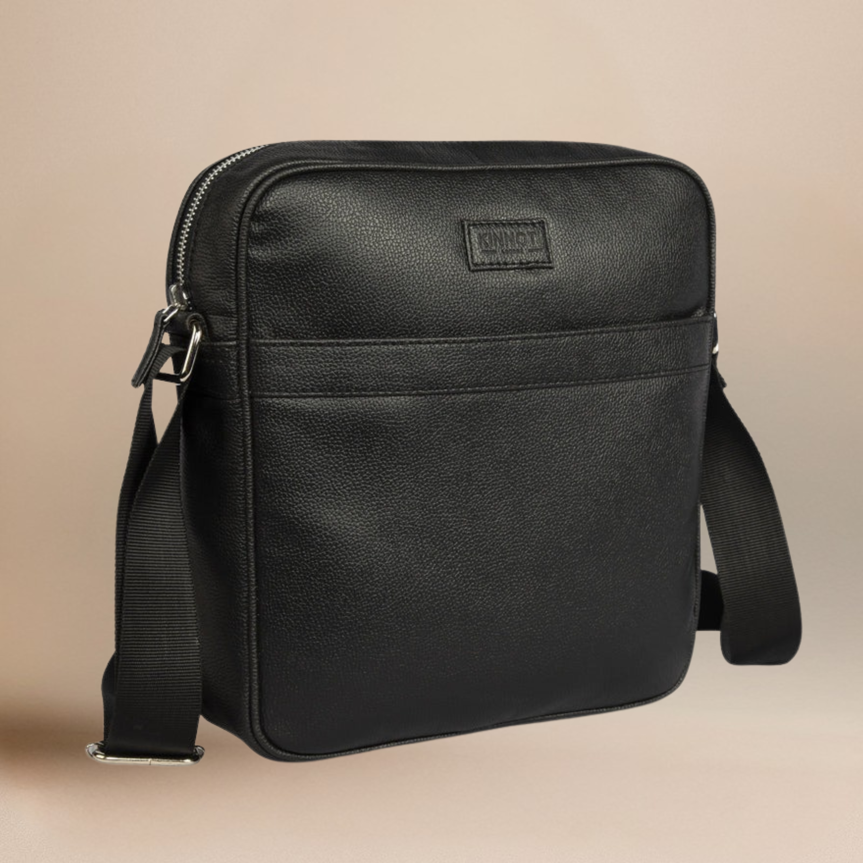 Black Vegan Leather Messenger Bag For Men With Adjustable Brass Chain & Shoulder Strap