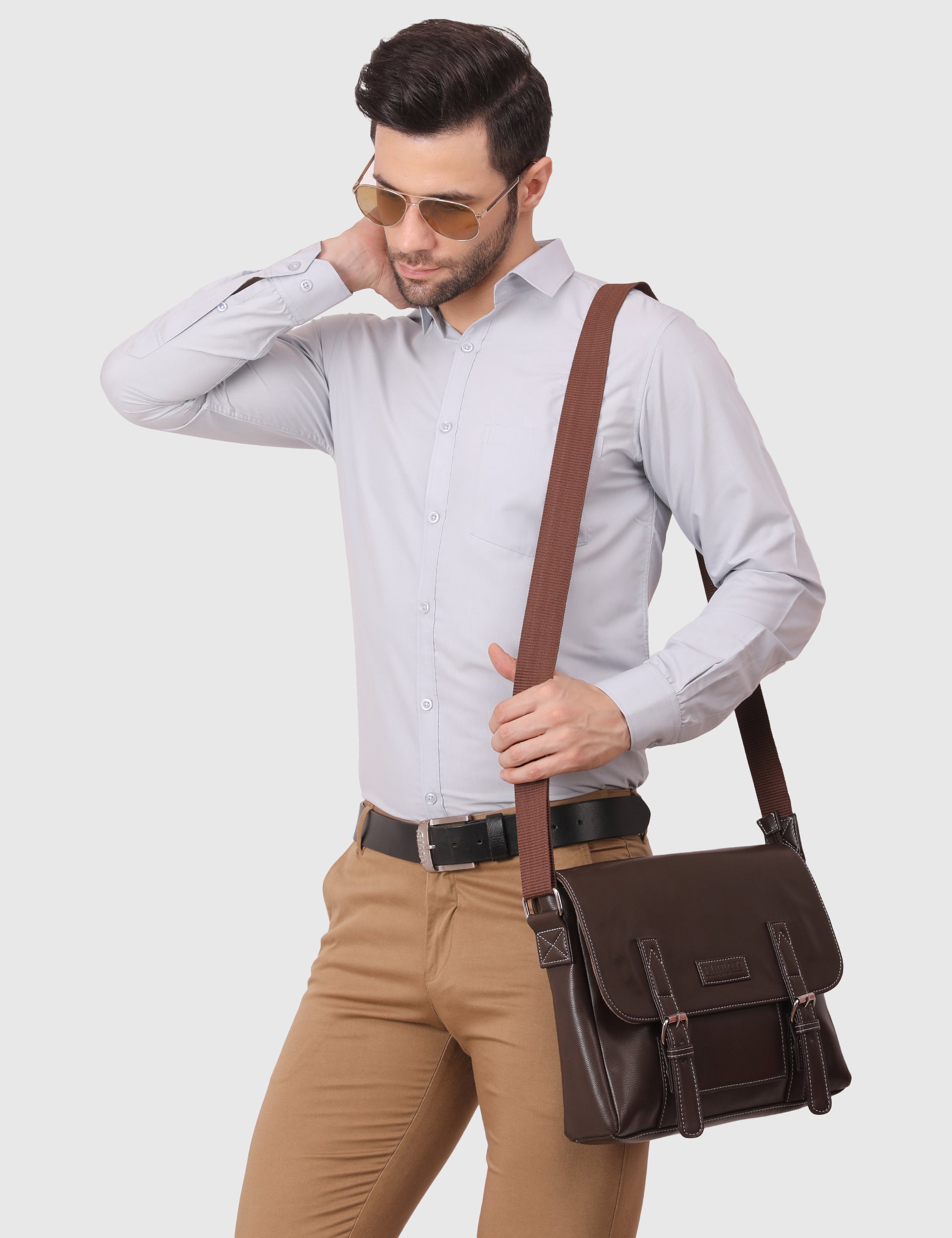 Brown Men's Vegan Leather Messenger Bag with Adjustable Shoulder Strap