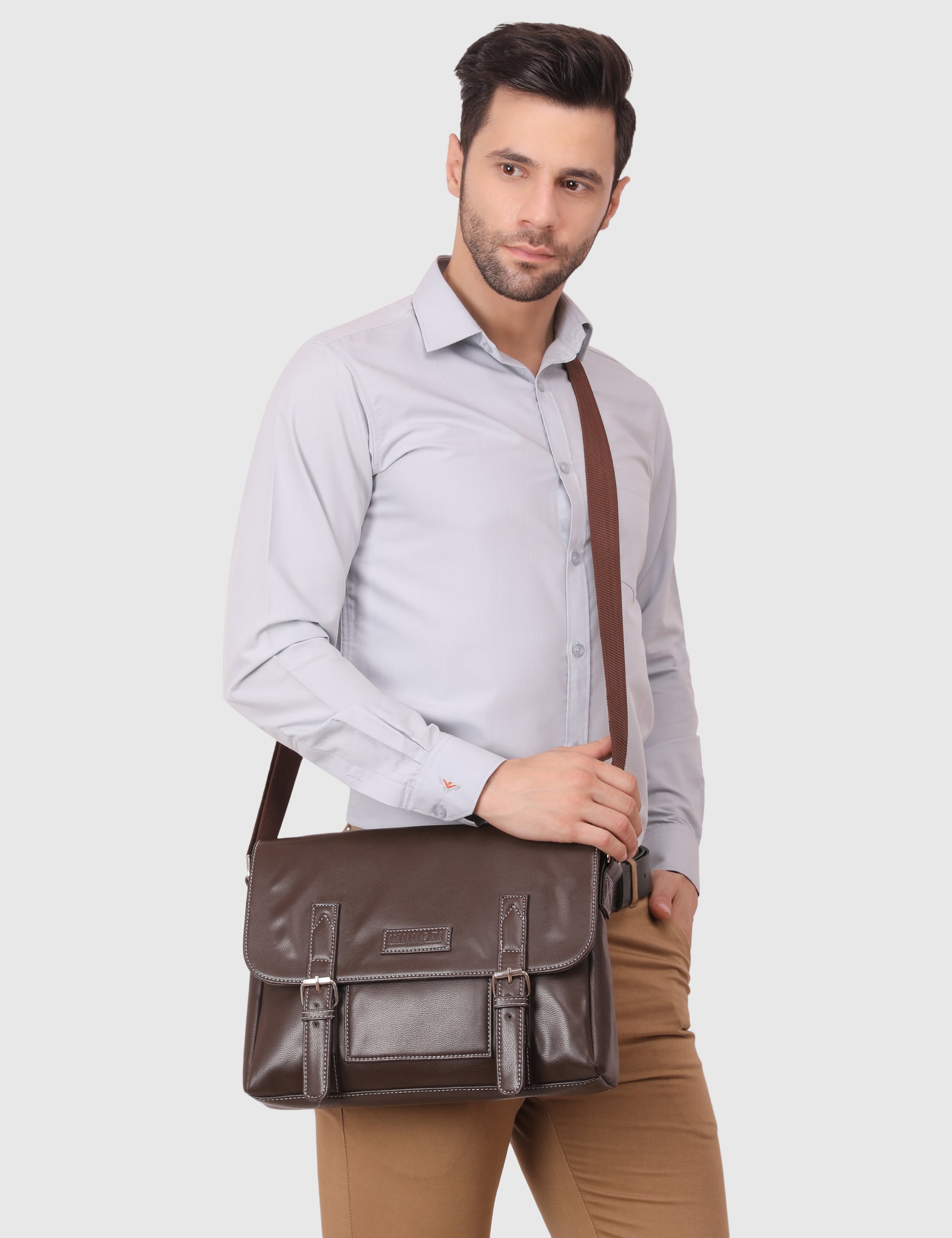 Brown Men's Vegan Leather Messenger Bag with Adjustable Shoulder Strap
