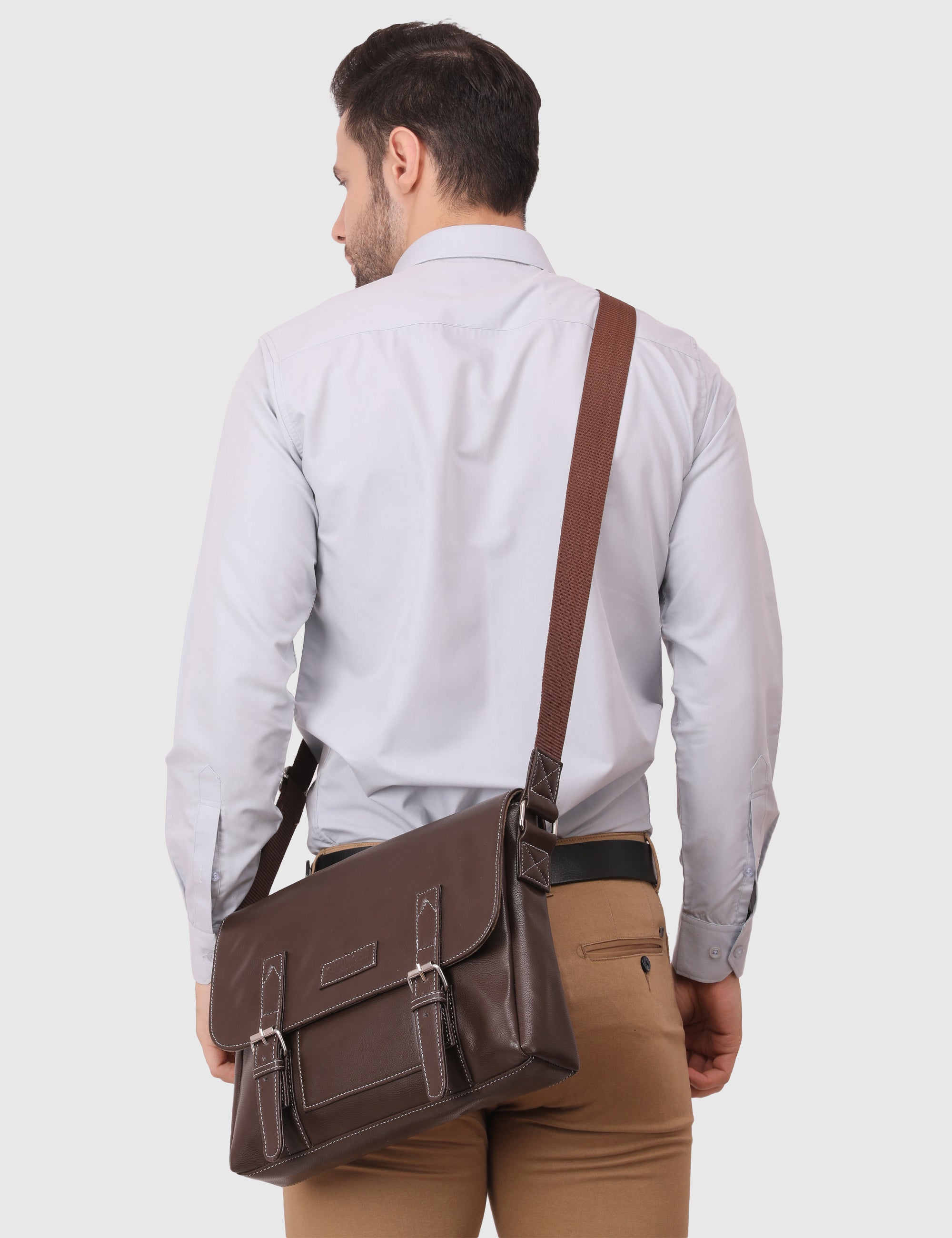 Brown Men's Vegan Leather Messenger Bag with Adjustable Shoulder Strap