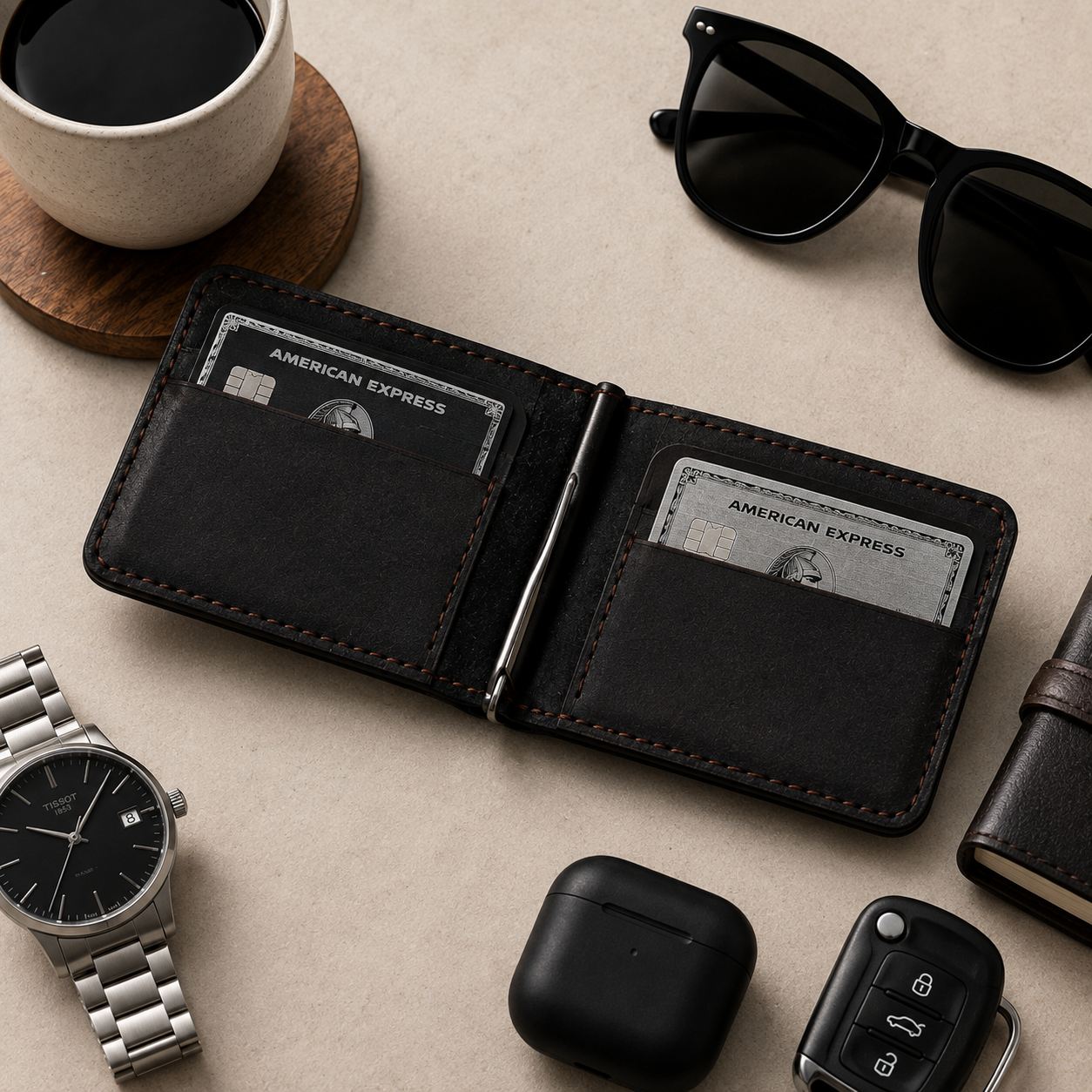 A black leather bifold wallet with card slots and a metal clip, shown open in a styled flat-lay with a coffee cup, sunglasses, watch, AirPods case, and car key on a beige surface.