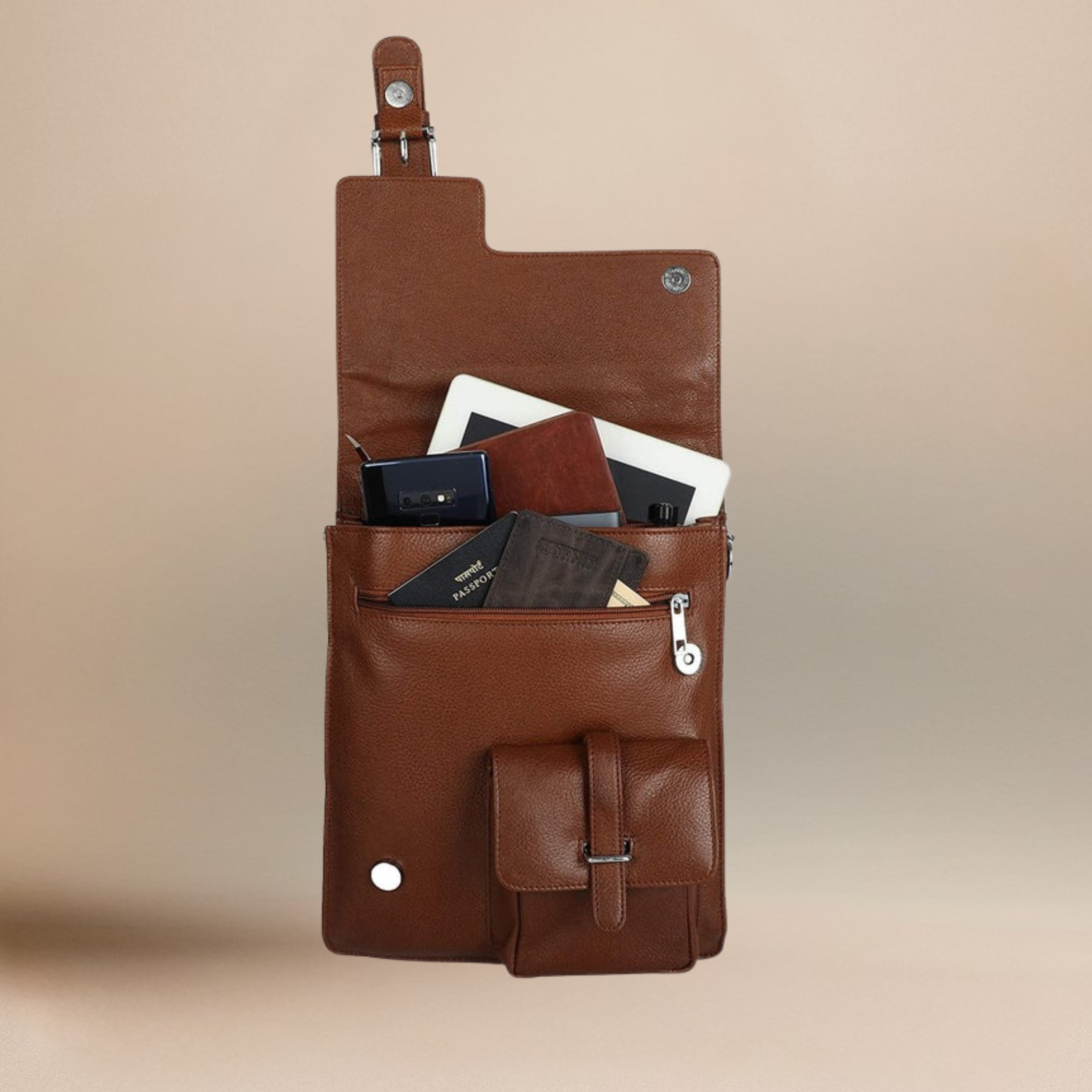 100% Genuine Leather Messenger Bag For Men ( Tan )