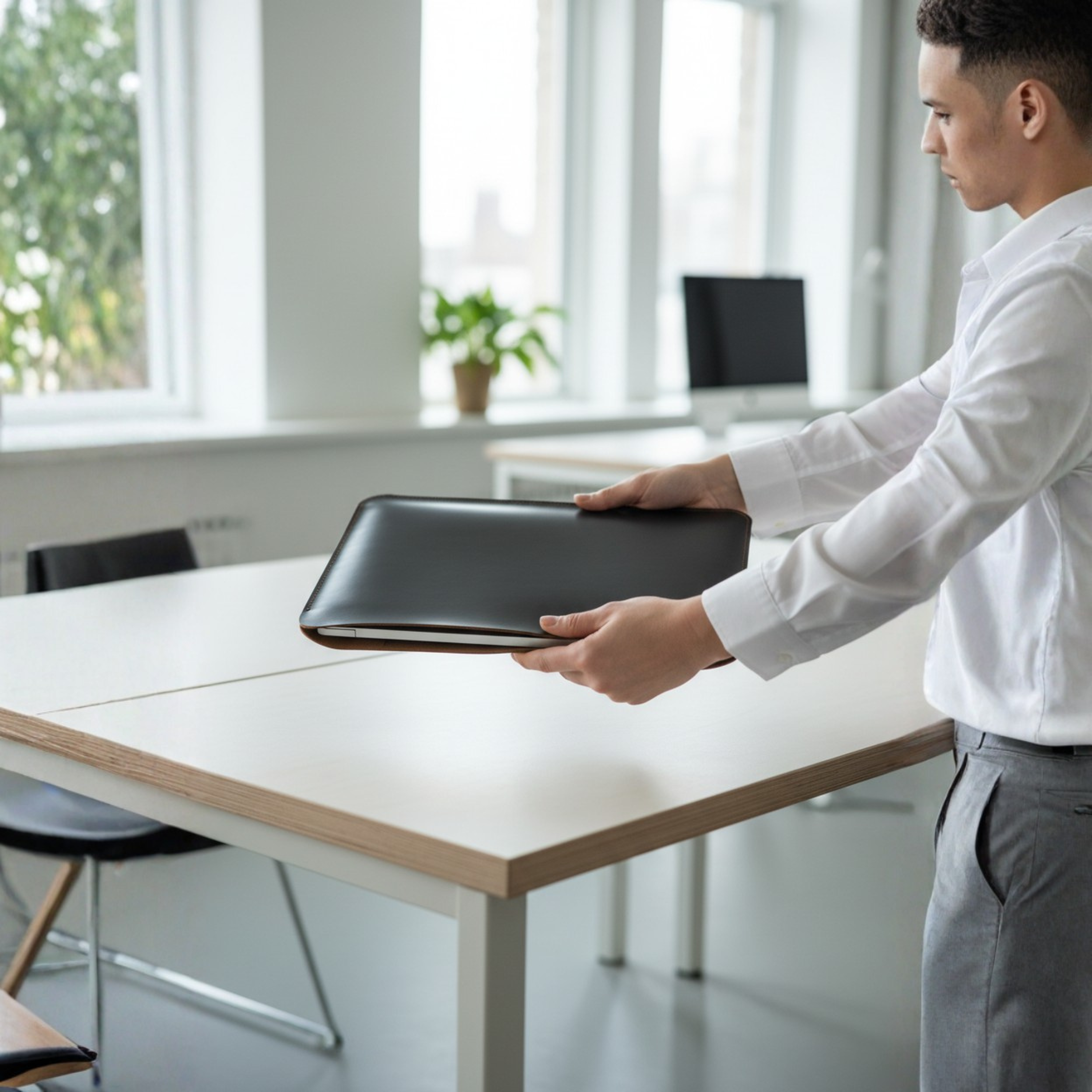 Kinnoti Black Boston Leather Laptop Sleeve