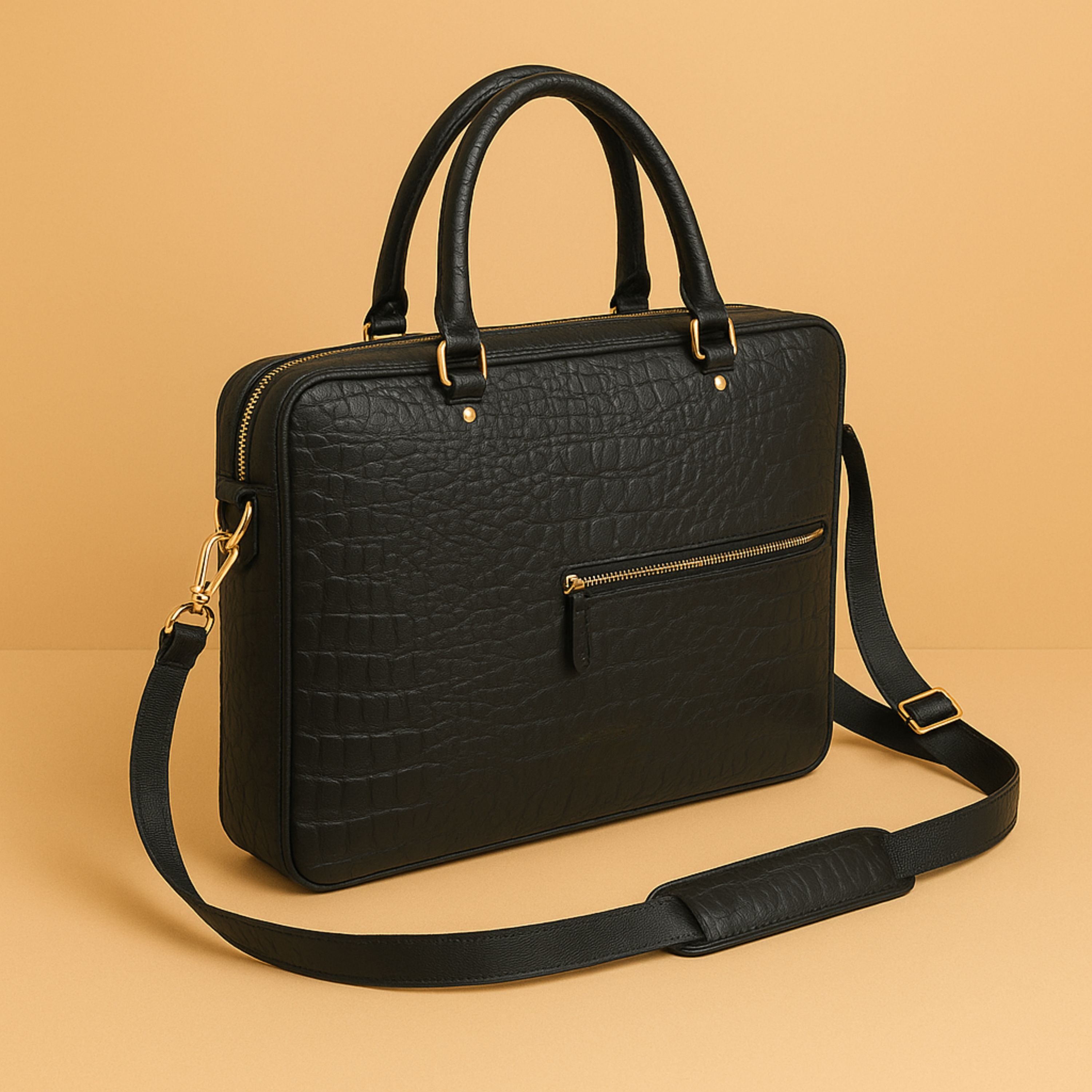 Kinnoti BLACK CROCO PATTERN LEATHER LAPTOP BAG