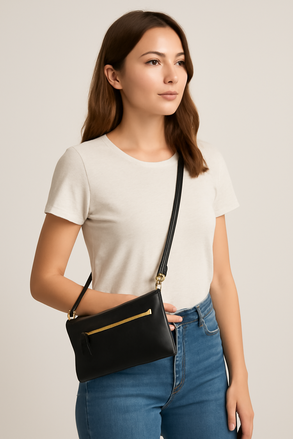 Kinnoti Black Genuine Leather Small Sling Bag