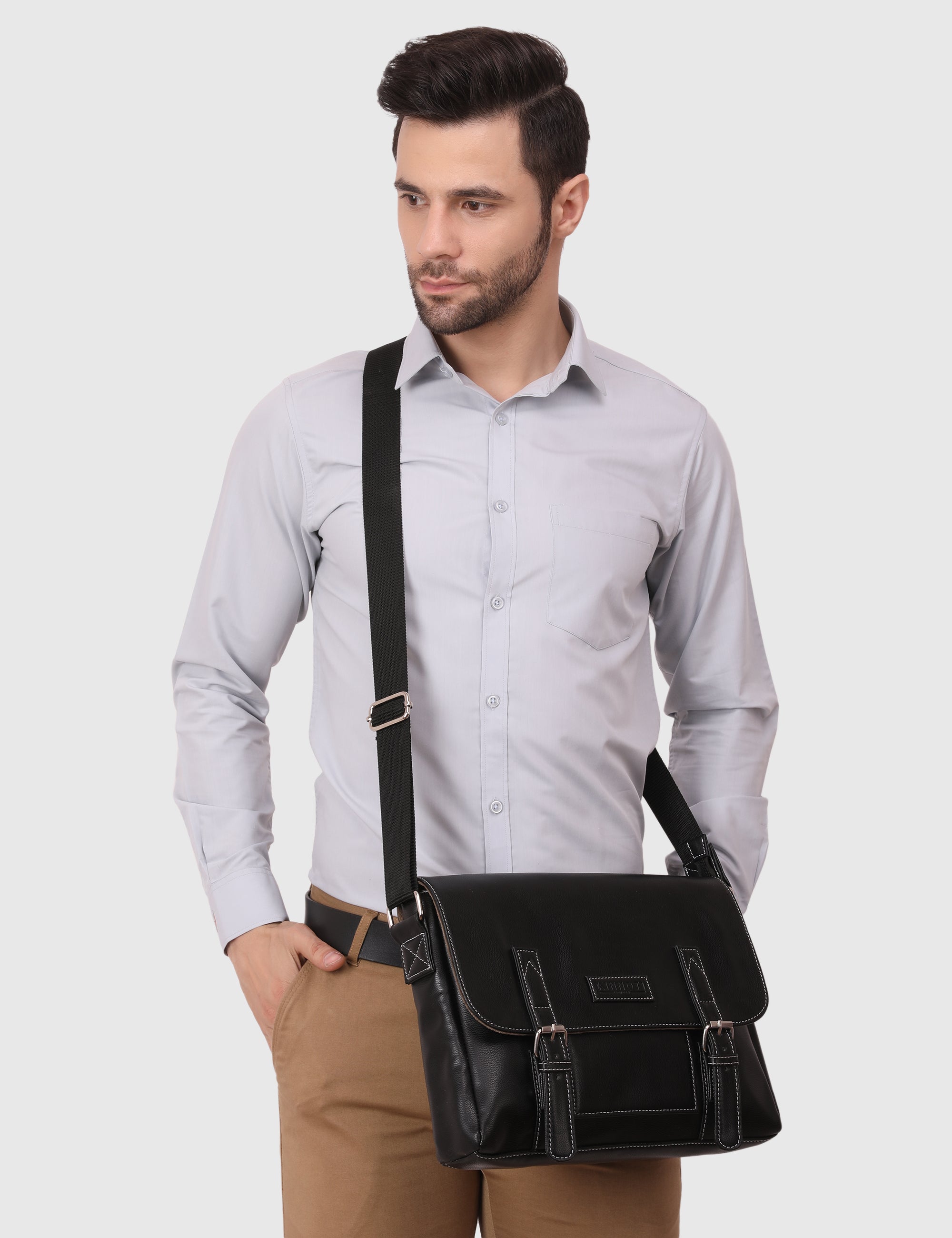 KINNOTI Black Men's Vegan Leather Messenger Bag with Adjustable Shoulder Strap