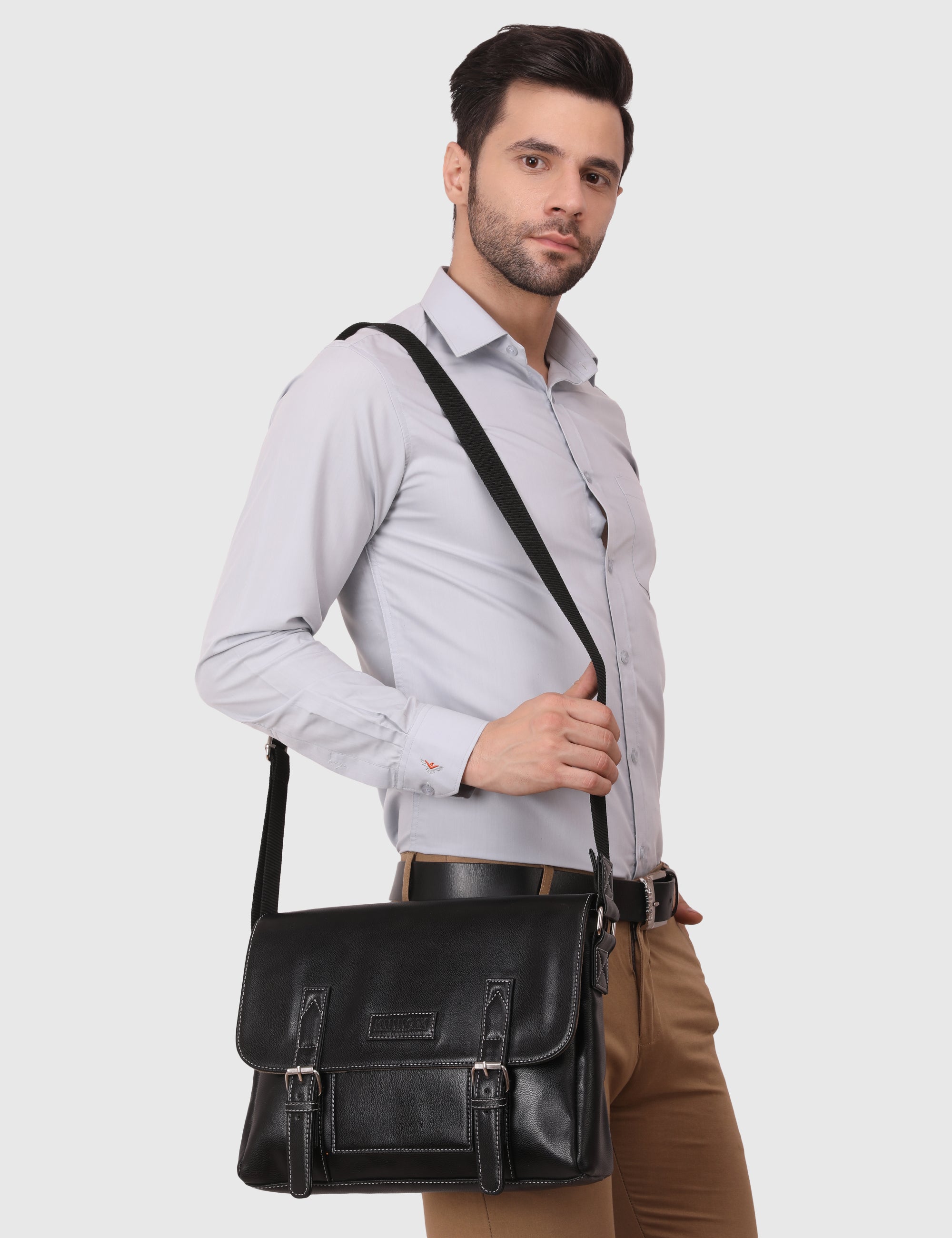 KINNOTI Black Men's Vegan Leather Messenger Bag with Adjustable Shoulder Strap