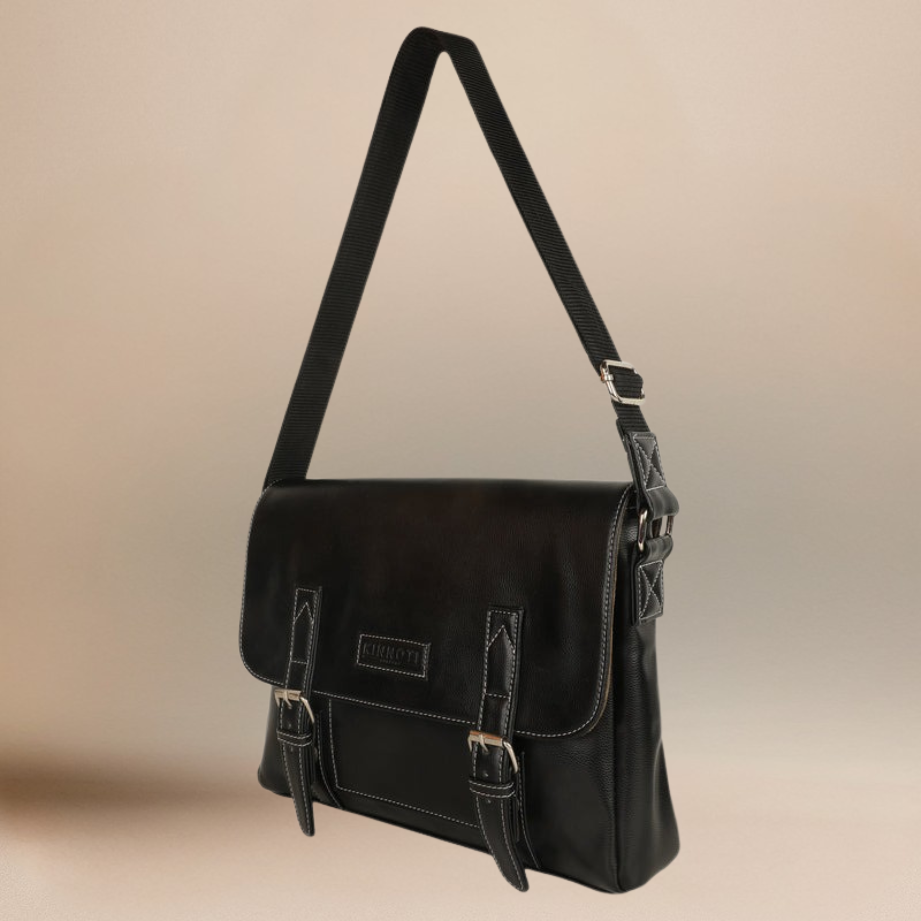 KINNOTI Black Men's Vegan Leather Messenger Bag with Adjustable Shoulder Strap