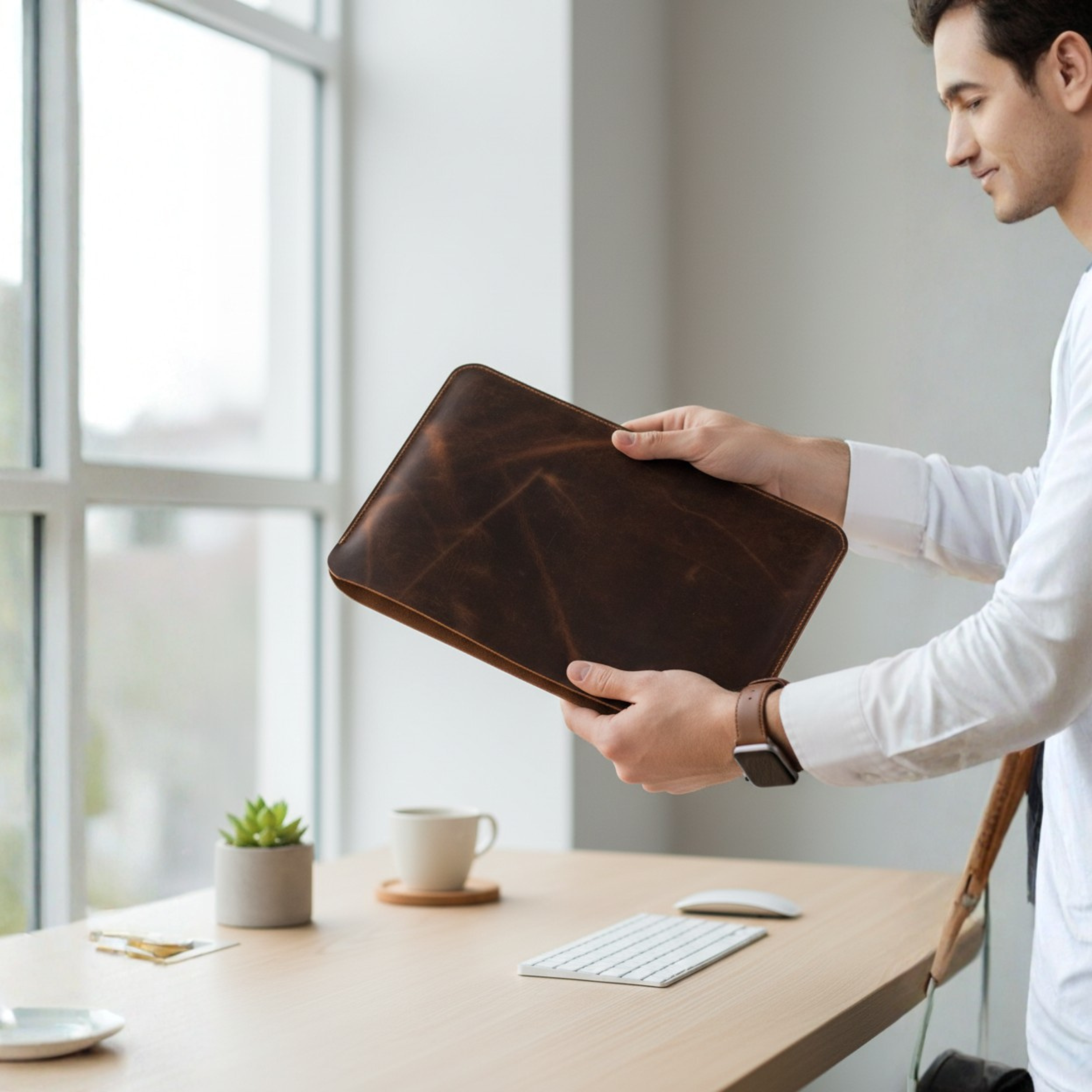 Kinnoti Brown Boston Leather Laptop Sleeve