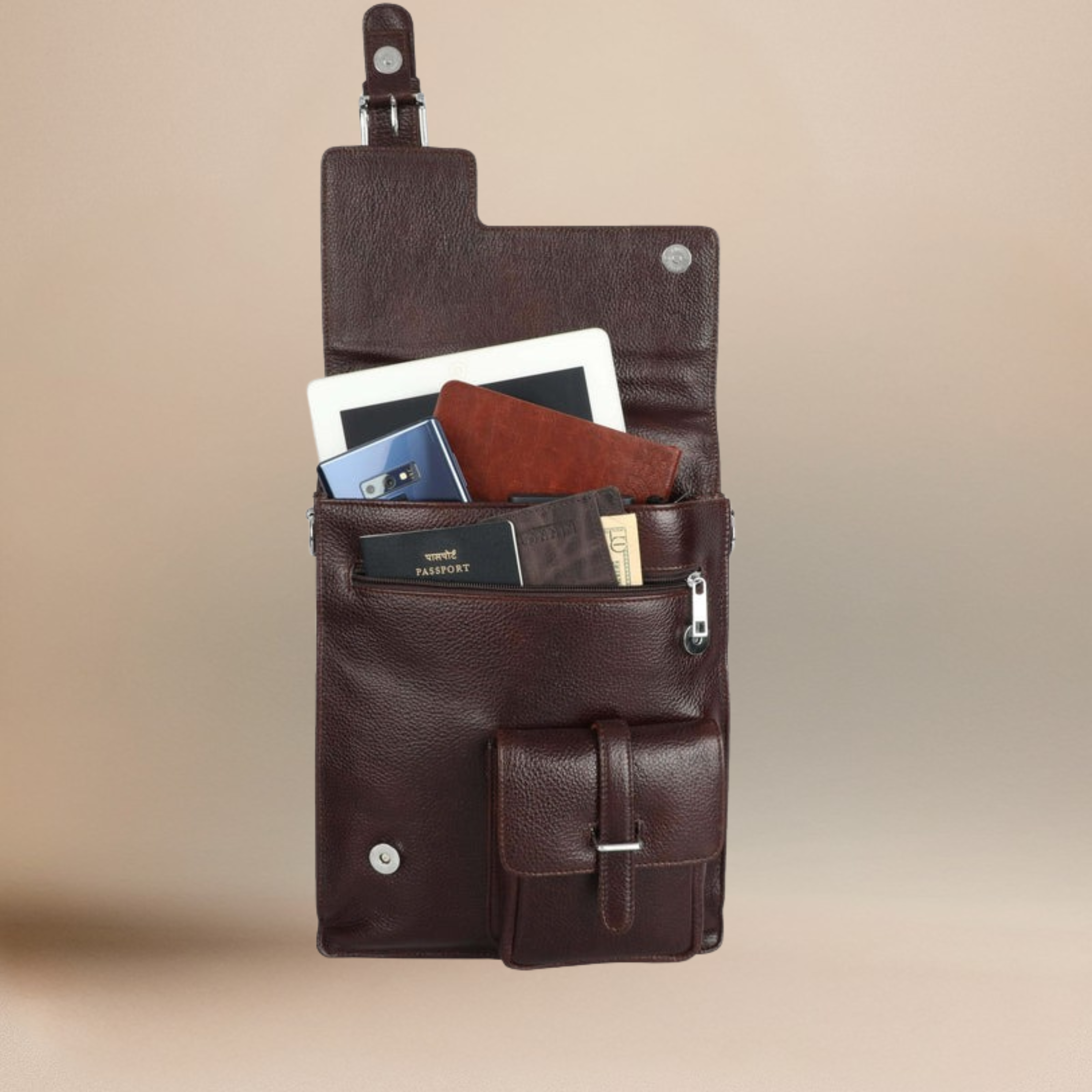 Brown Unisex Genuine Leather Messenger & iPad Bag